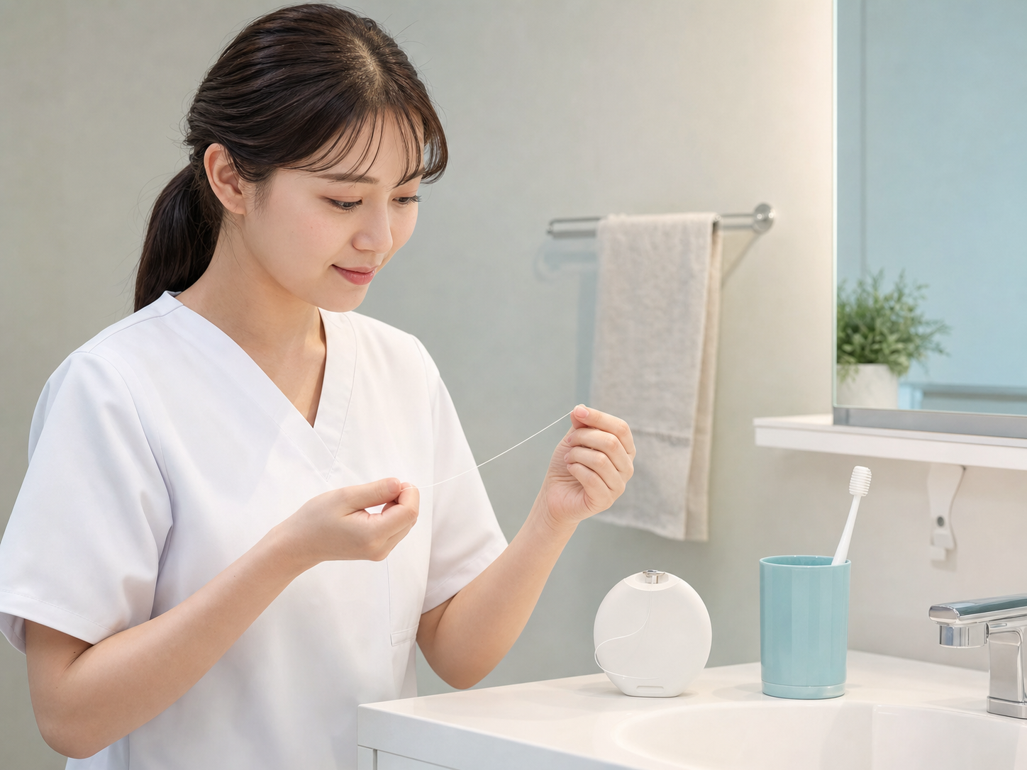 歯みがき後の習慣としてデンタルフロスを準備する看護師