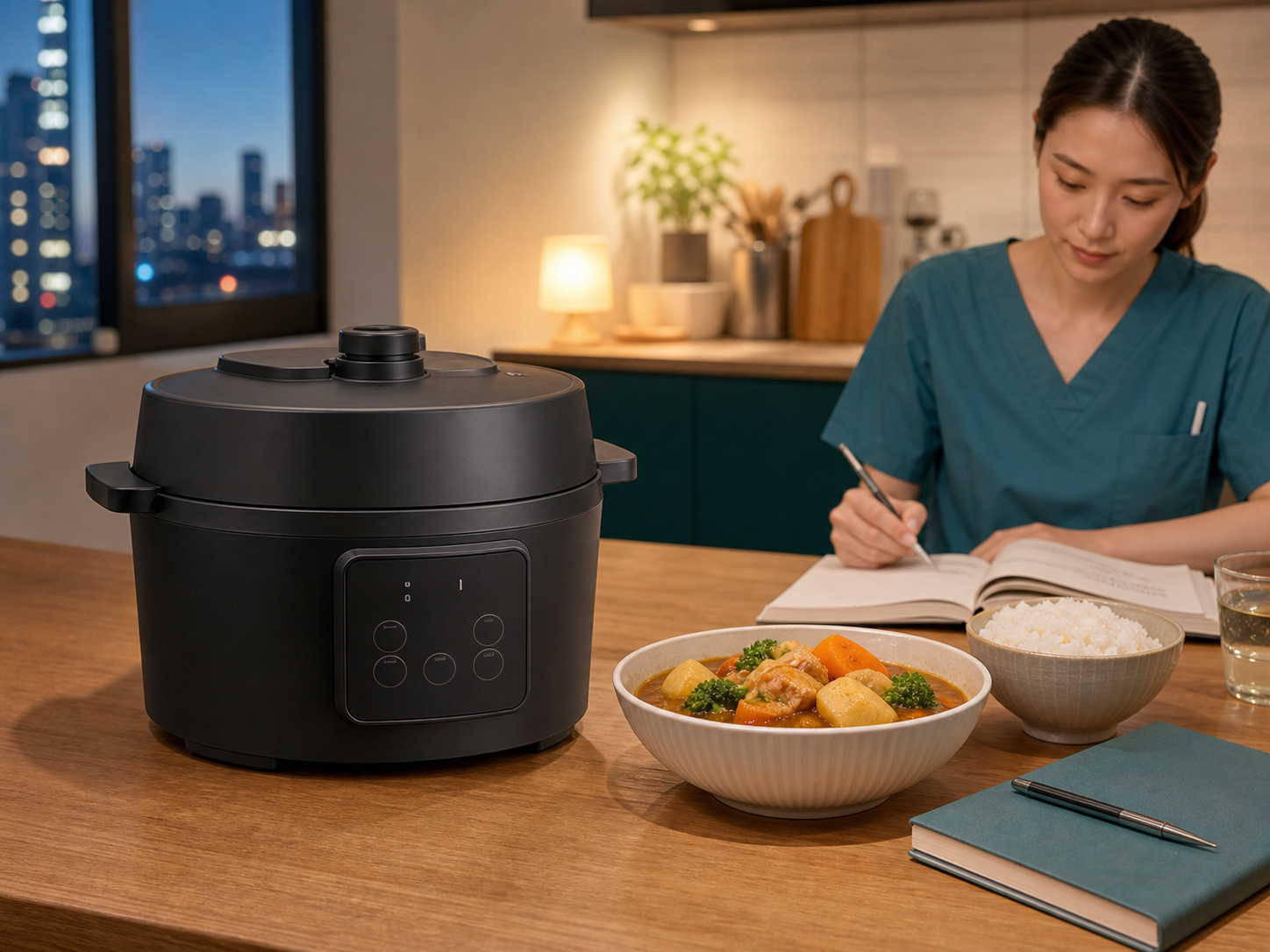 電気圧力鍋で夕食を用意しながら勉強する看護師