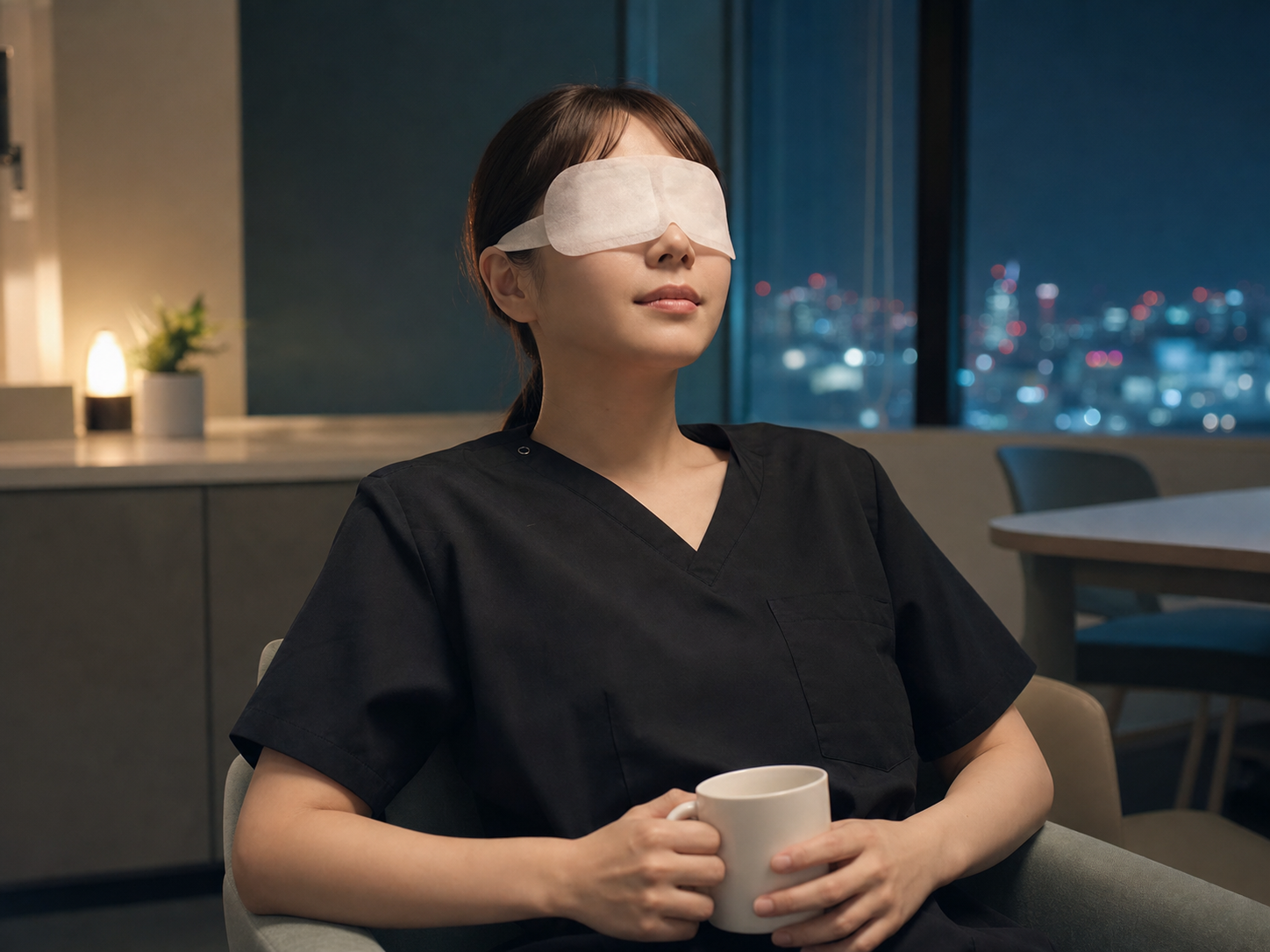 夜勤の短い休憩に蒸気アイマスクで目元を温める看護師