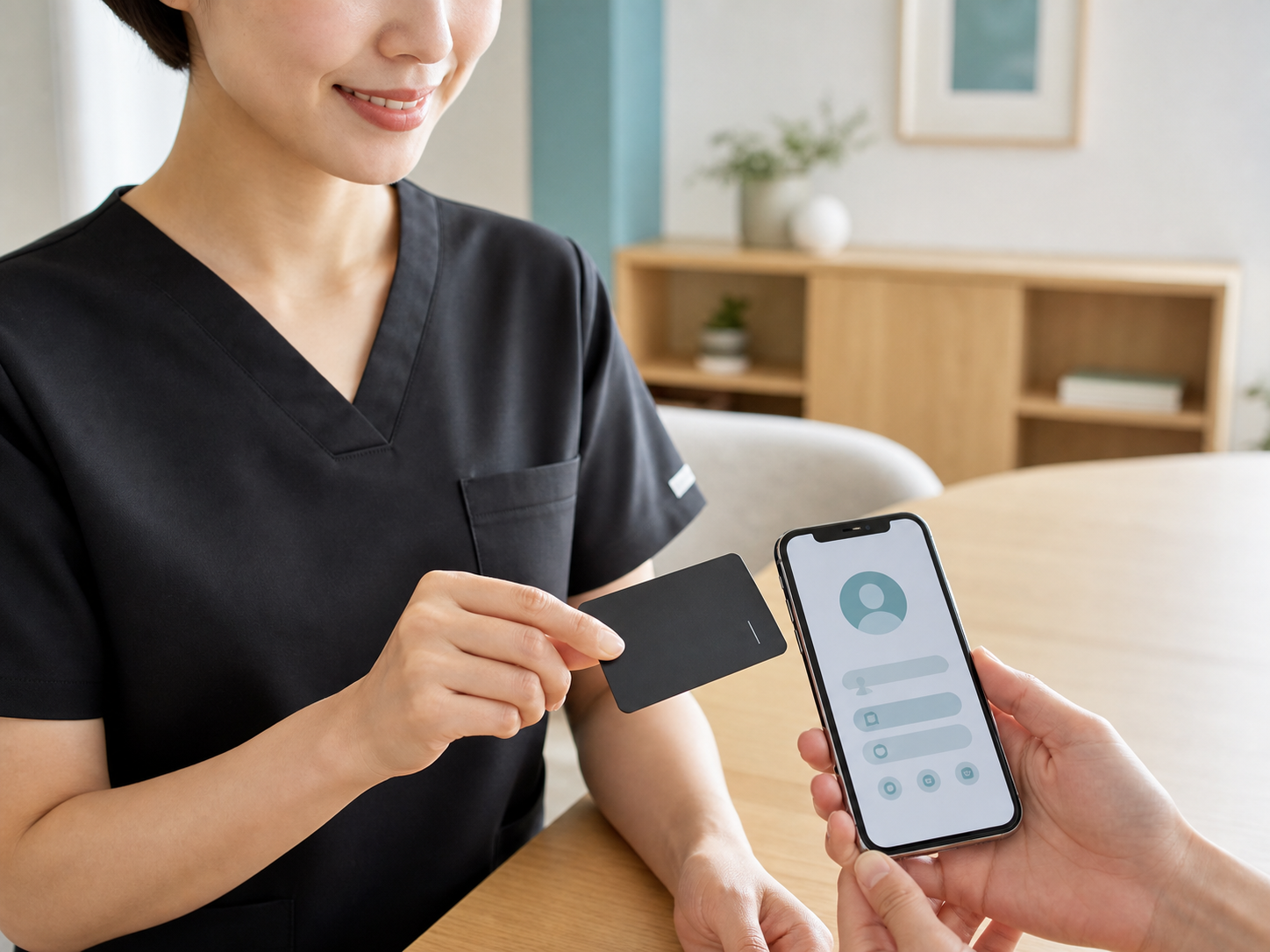 黒いスクラブを着た看護師がデジタル名刺をスマートフォンへかざす様子