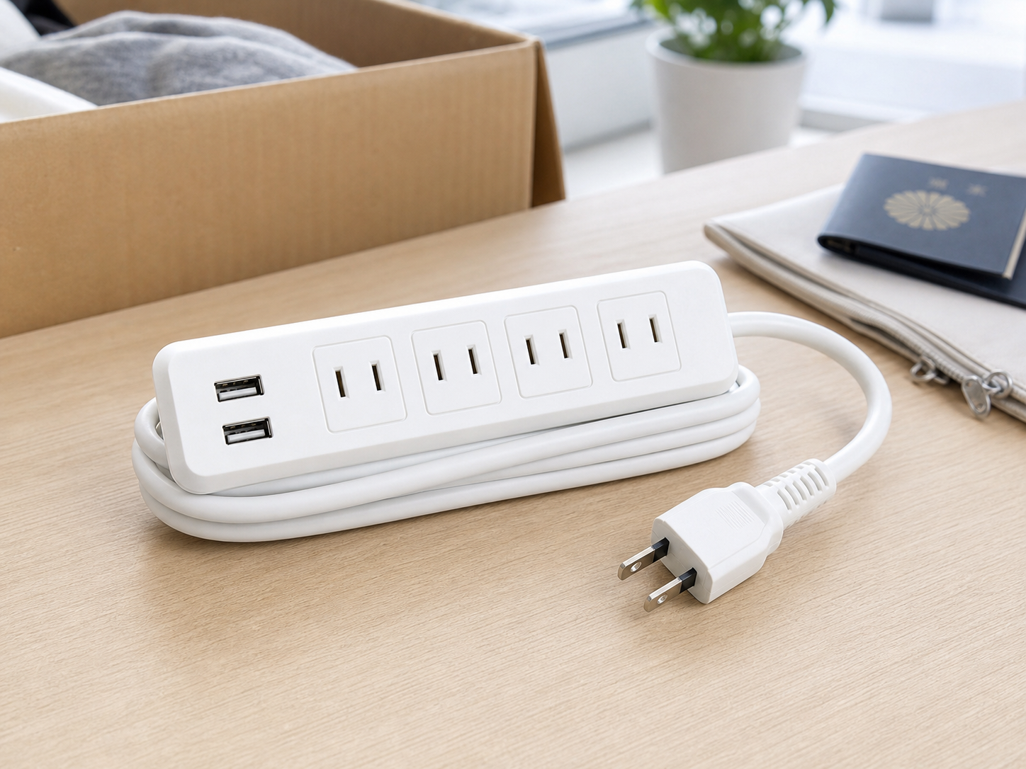 引っ越しや旅行に持ち運べる白いUSB付き電源タップ