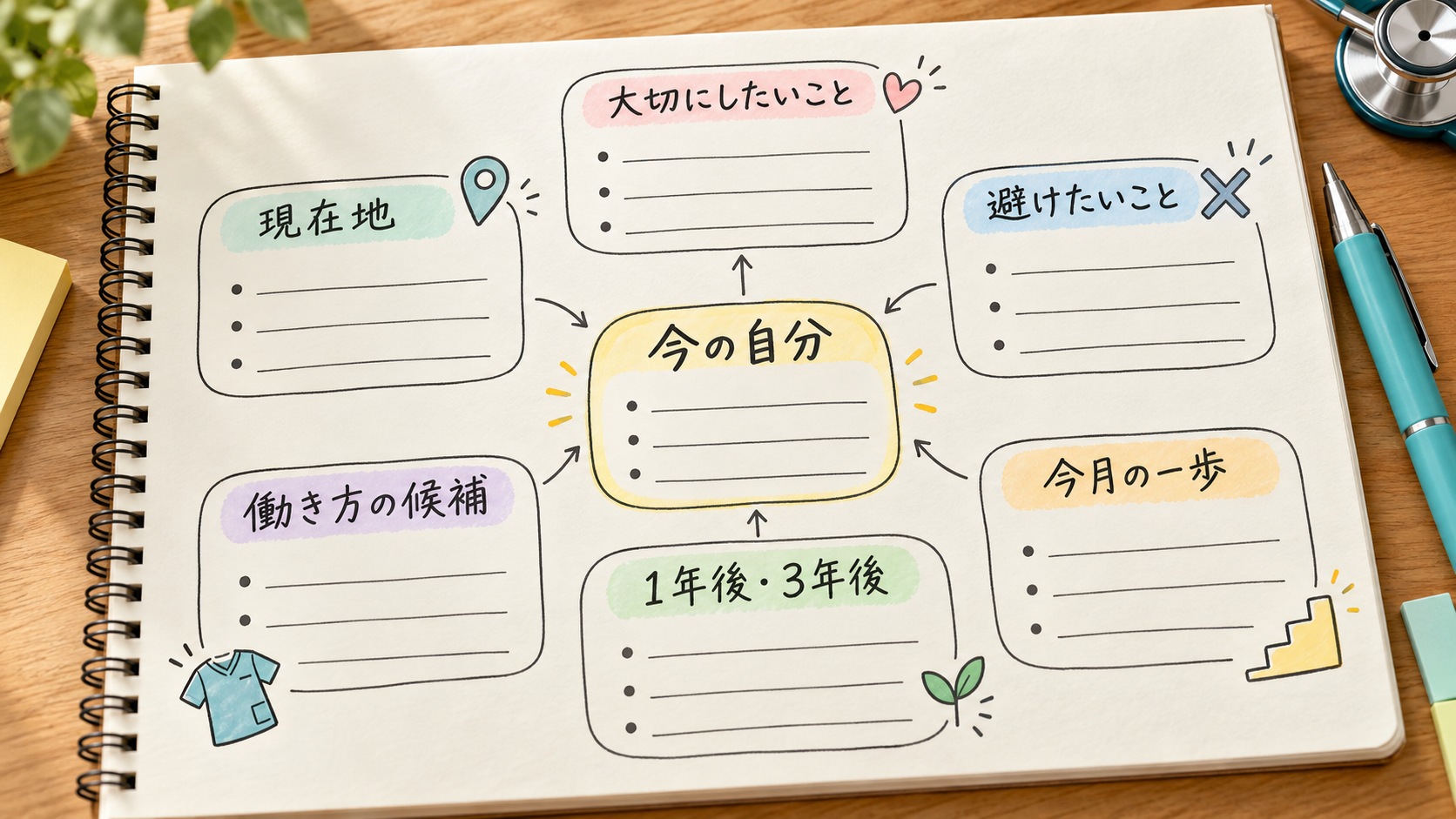 中央の今の自分から、大切にしたいこと、現在地、避けたいこと、働き方の候補、1年後・3年後、今月の一歩へ枝を広げるキャリアマップの記入例