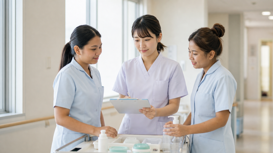 日本人看護師と東南アジア出身の看護補助者が一緒にケア用品を確認している