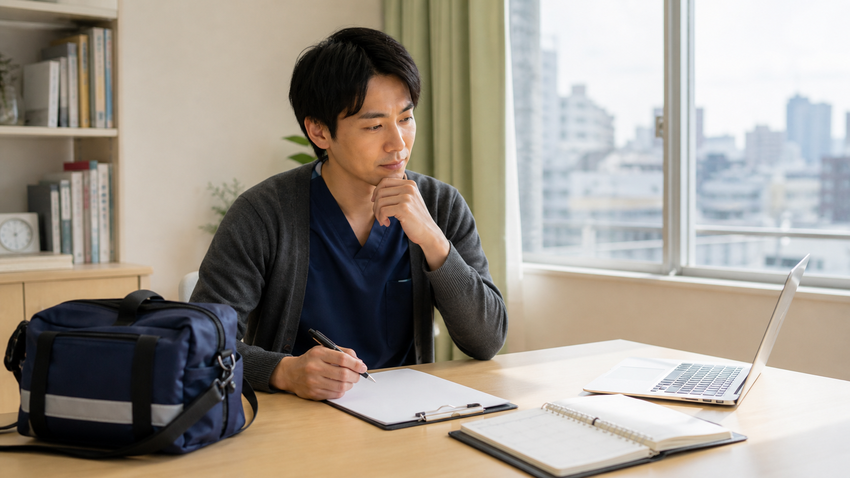 訪問バッグやパソコンを前に今後のキャリアを考える男性看護師
