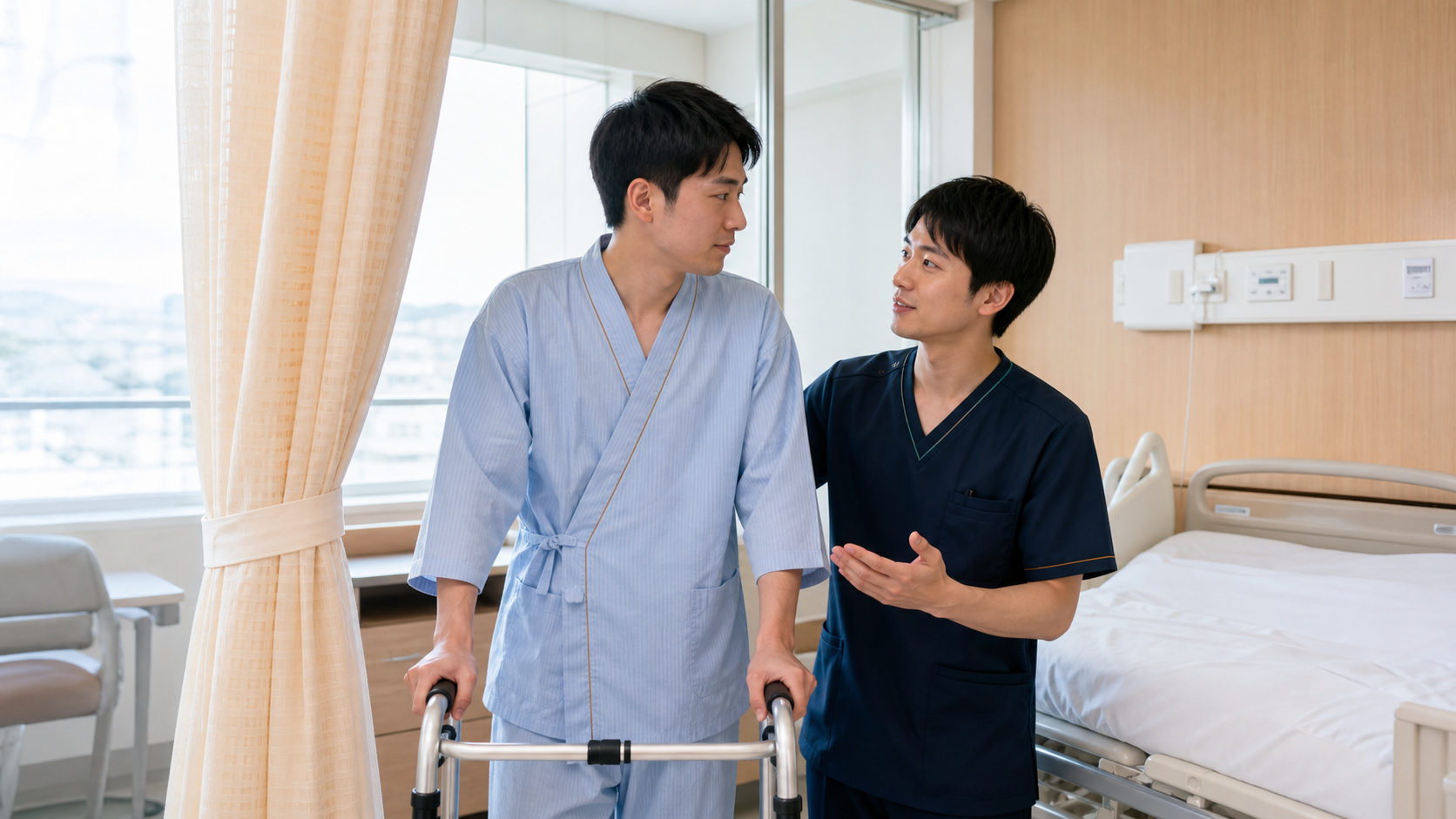 整形外科病棟で歩行器を使う男性患者へ声をかける男性看護師