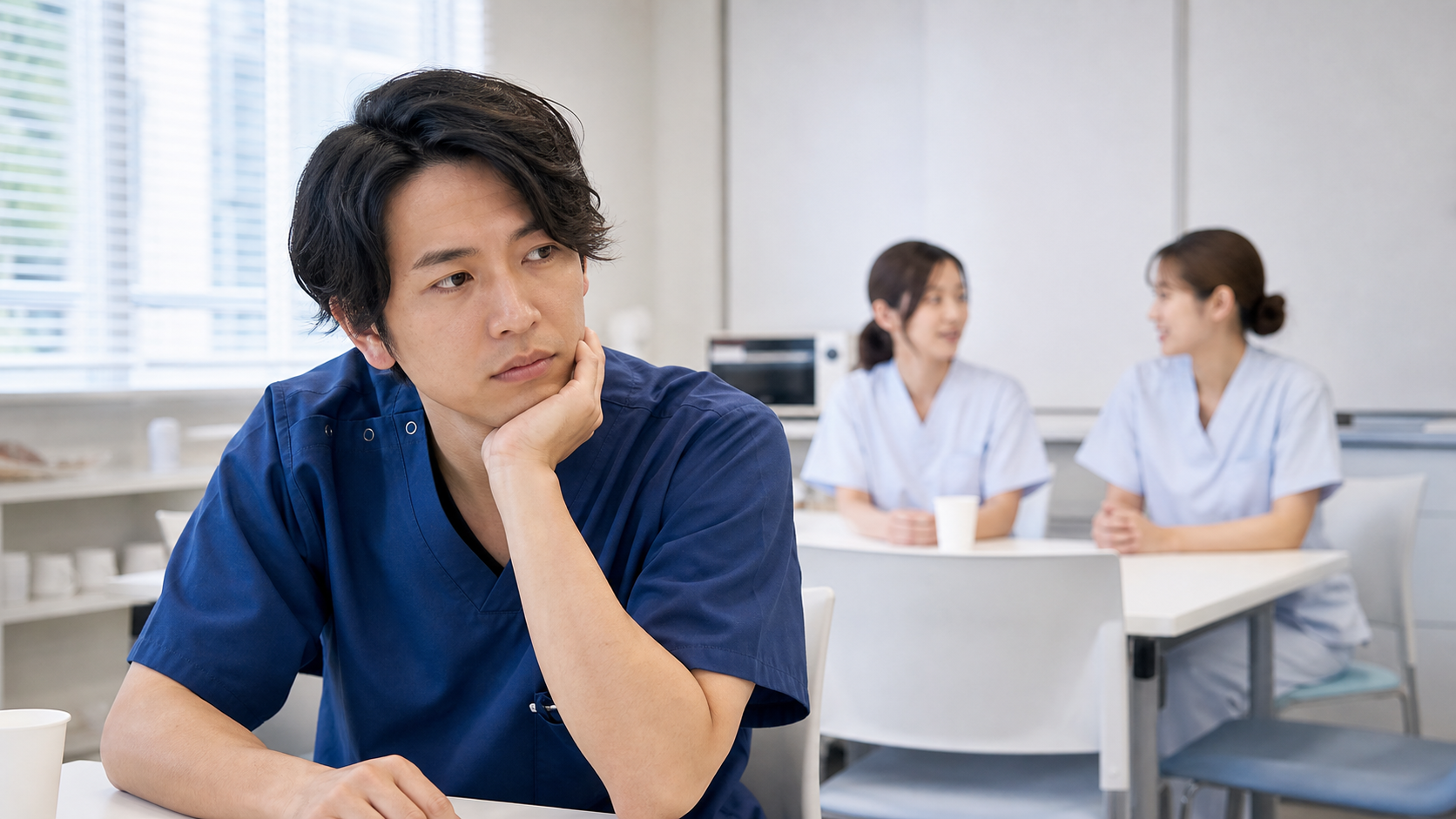 女性看護師の会話が気になり、職員休憩室で一人悩む男性看護師
