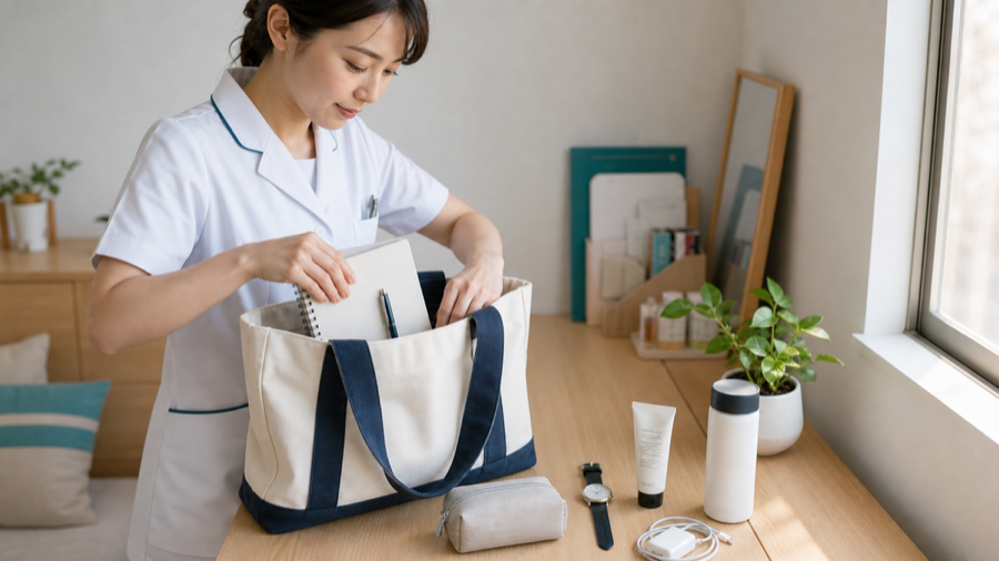 出勤前にバッグへ荷物を入れる看護師