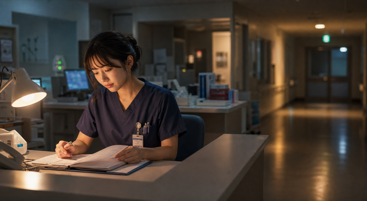夜勤中のナースステーションで記録を確認する看護師