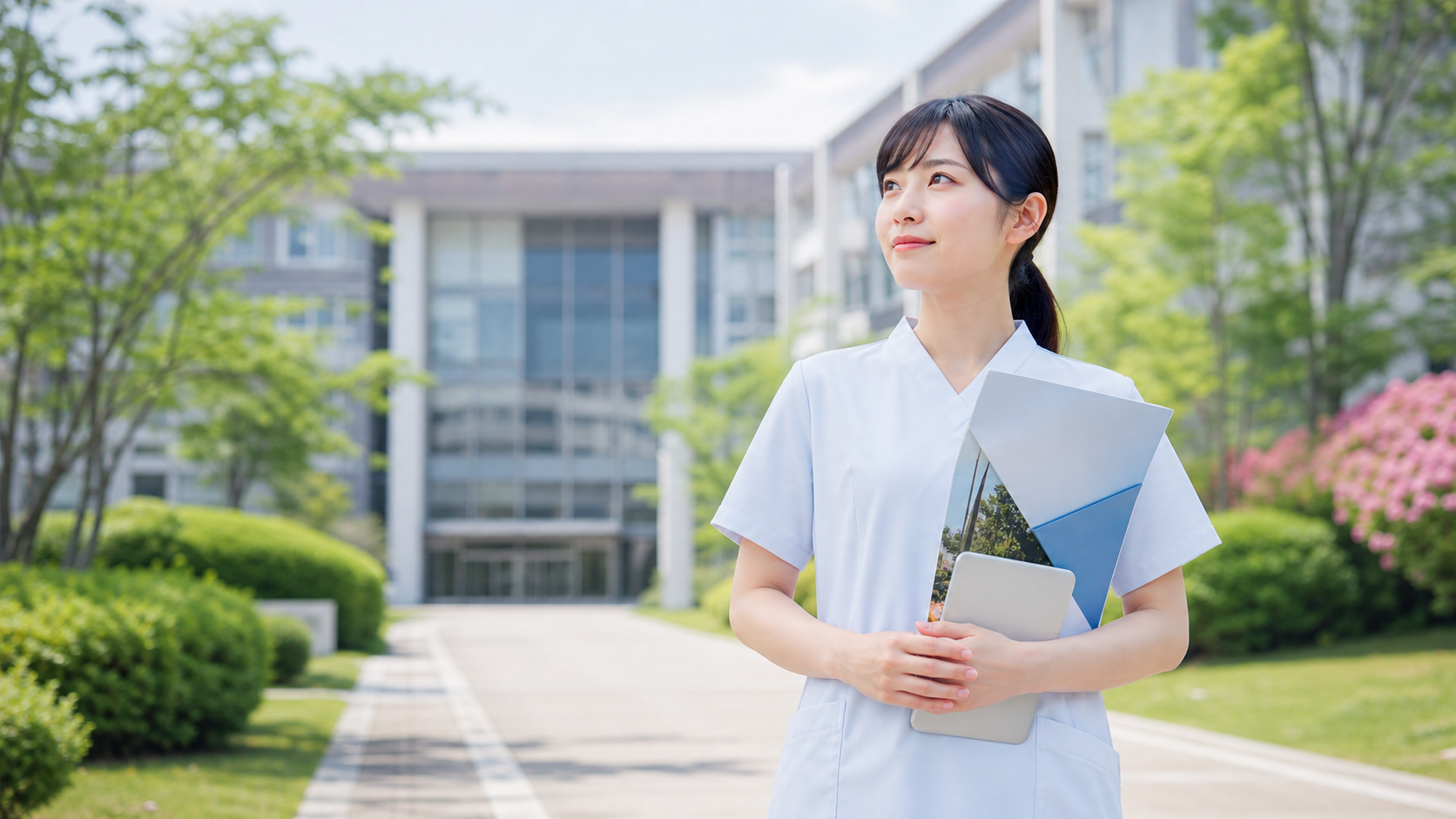 大学校舎の前で学士取得について考える看護師