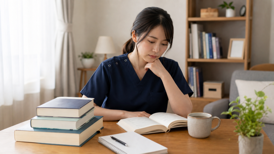 本とノートを広げて読書する看護師