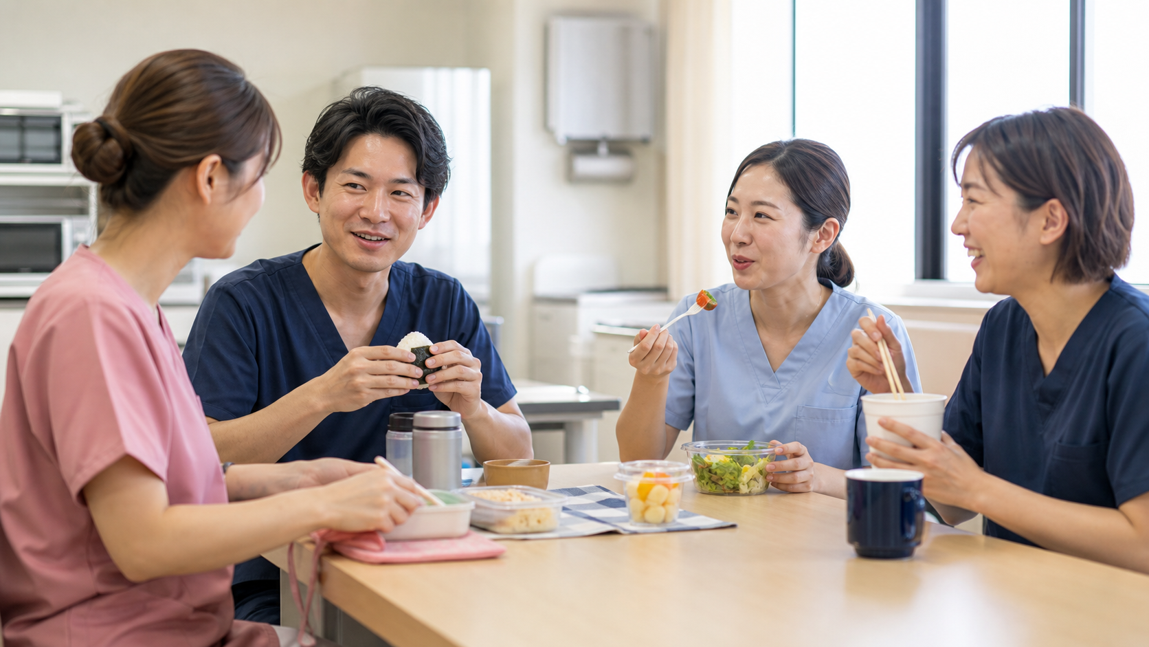 病院のスタッフ休憩室で昼食を囲む4人の看護師