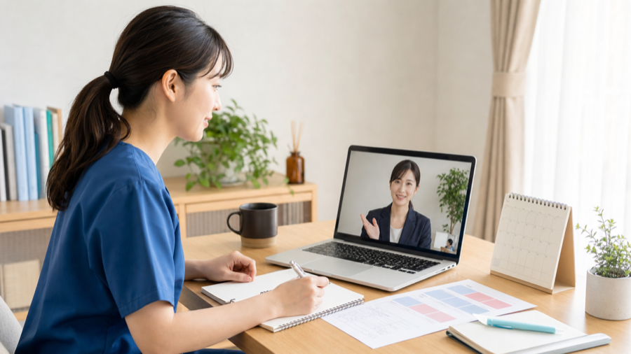転職サービスの担当者とオンライン面談する看護師