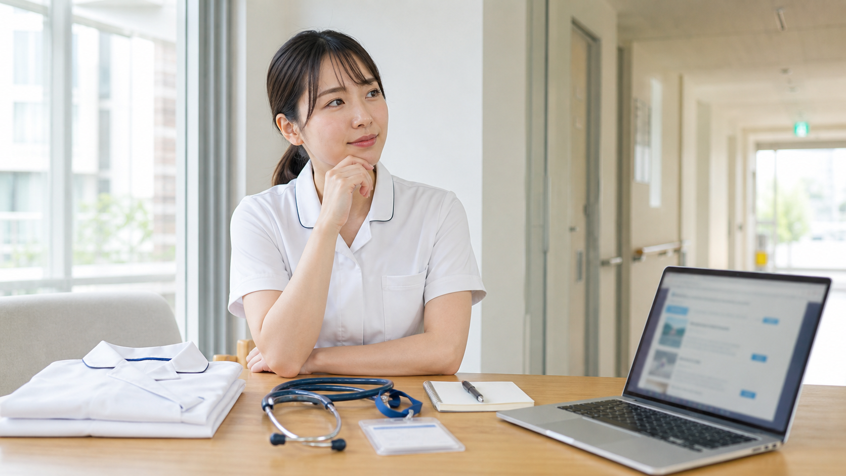 ナース服や聴診器を前に看護師以外の仕事への転職を考える看護師