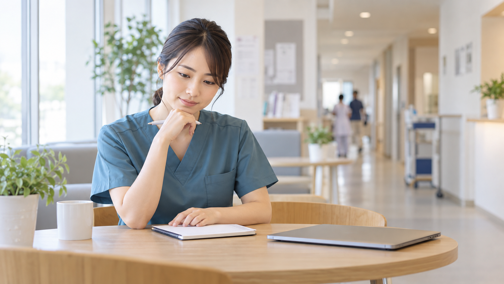 ノートを前に今後のキャリアについて考える女性看護師