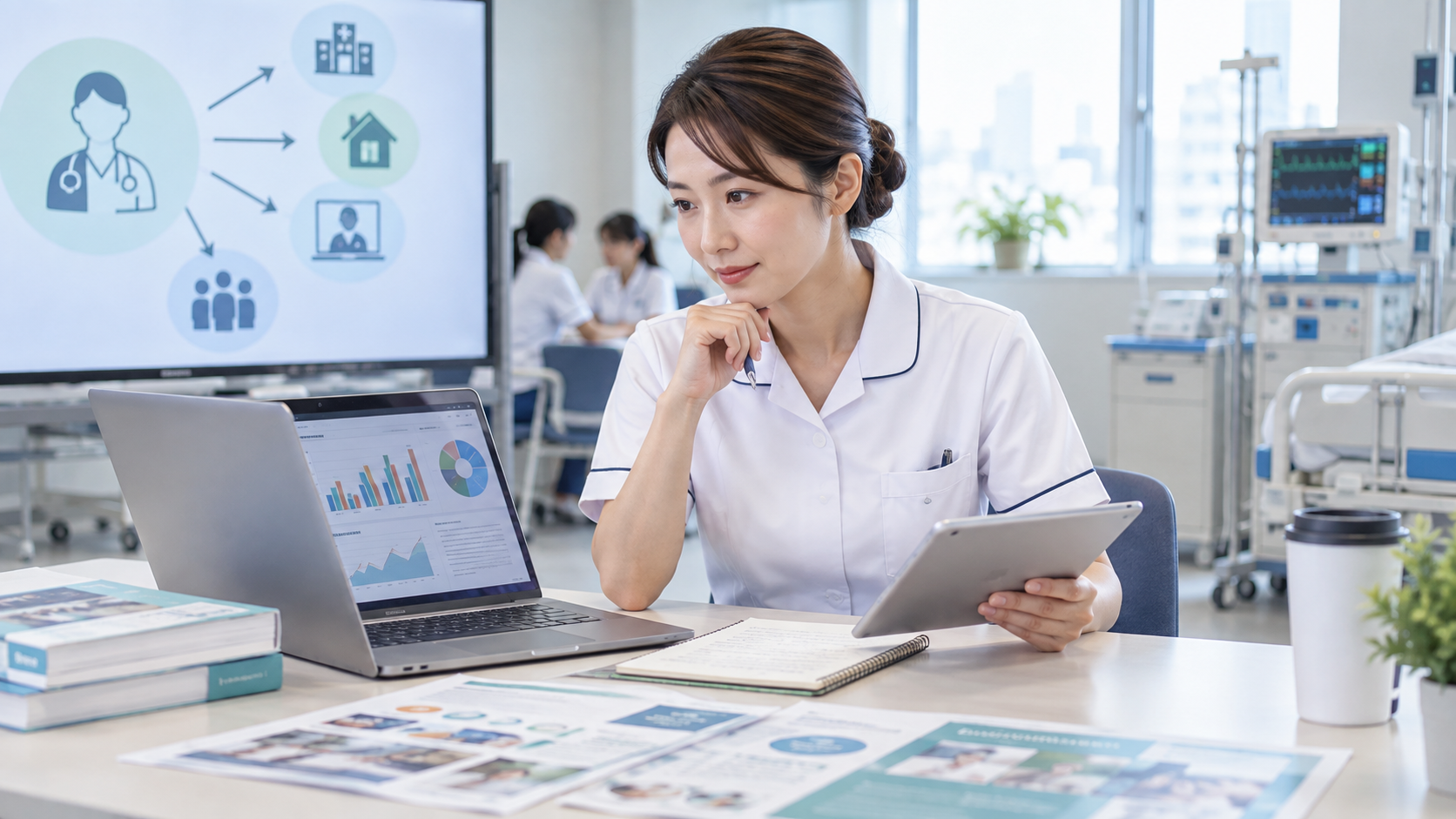 デジタル機器を使いながら看護師の市場と将来の働き方を調べる女性看護師