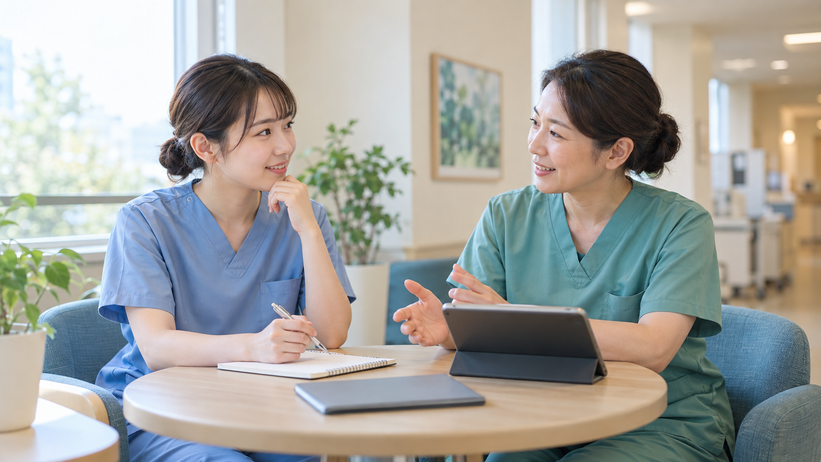 今後の働き方について先輩看護師へ相談する女性看護師