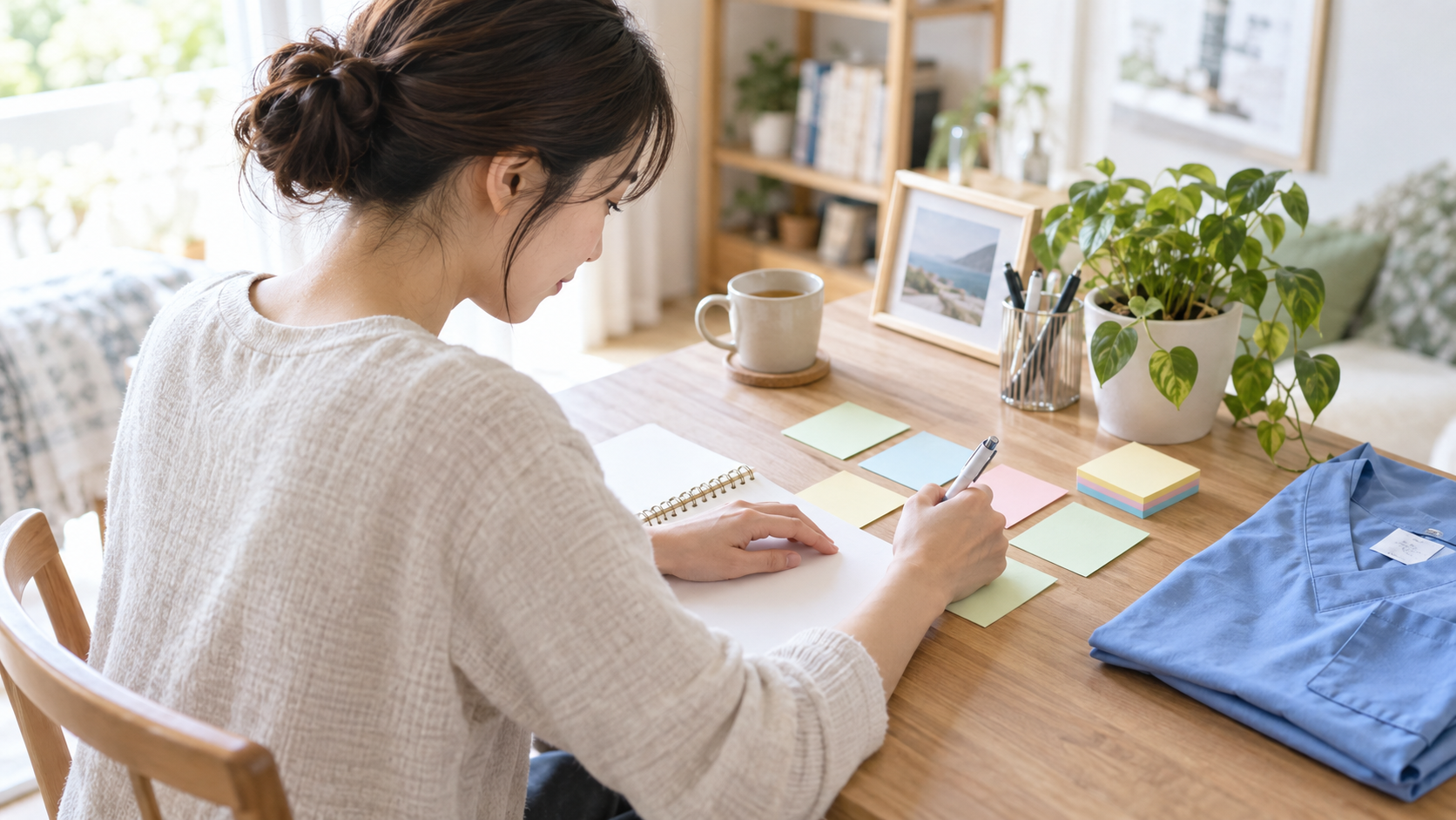自宅の机で人生の価値観を書き出す女性看護師
