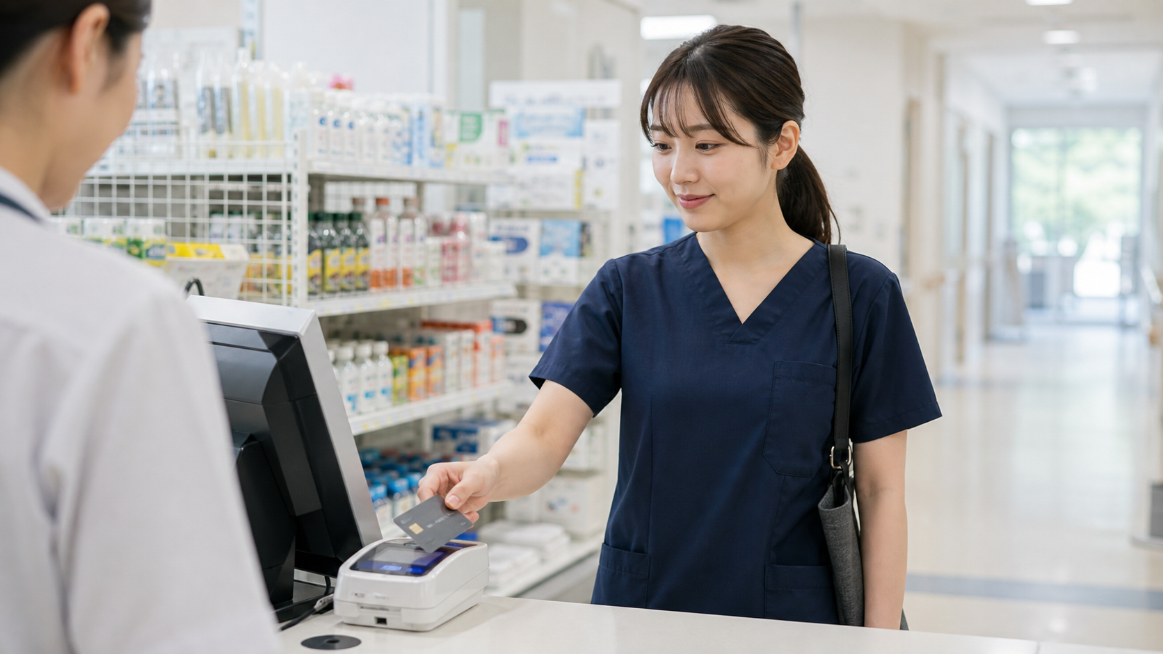 病院内の売店でクレジットカードのタッチ決済をする看護師