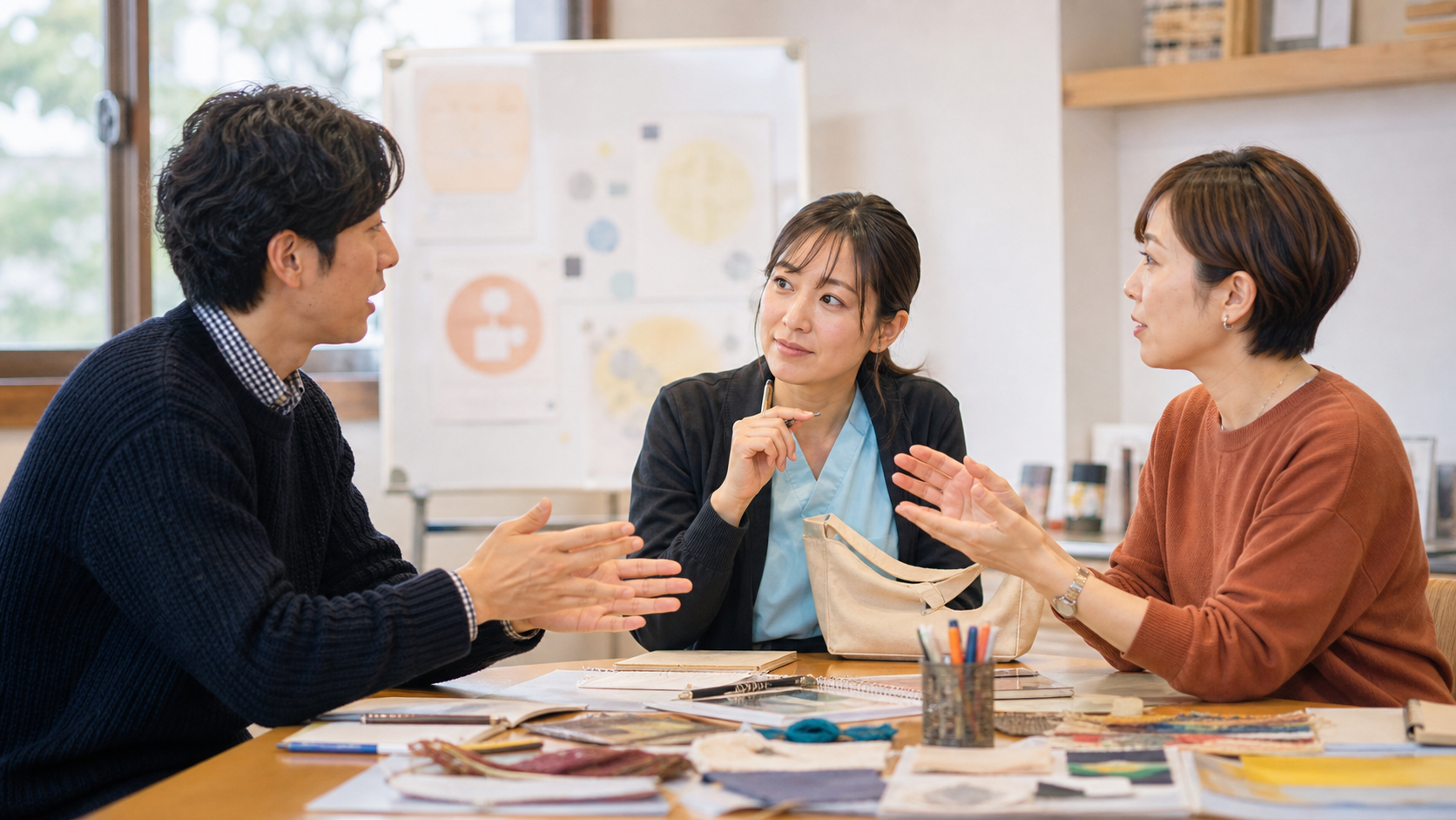 地域のワークショップで異業種の人の話を聞く看護師