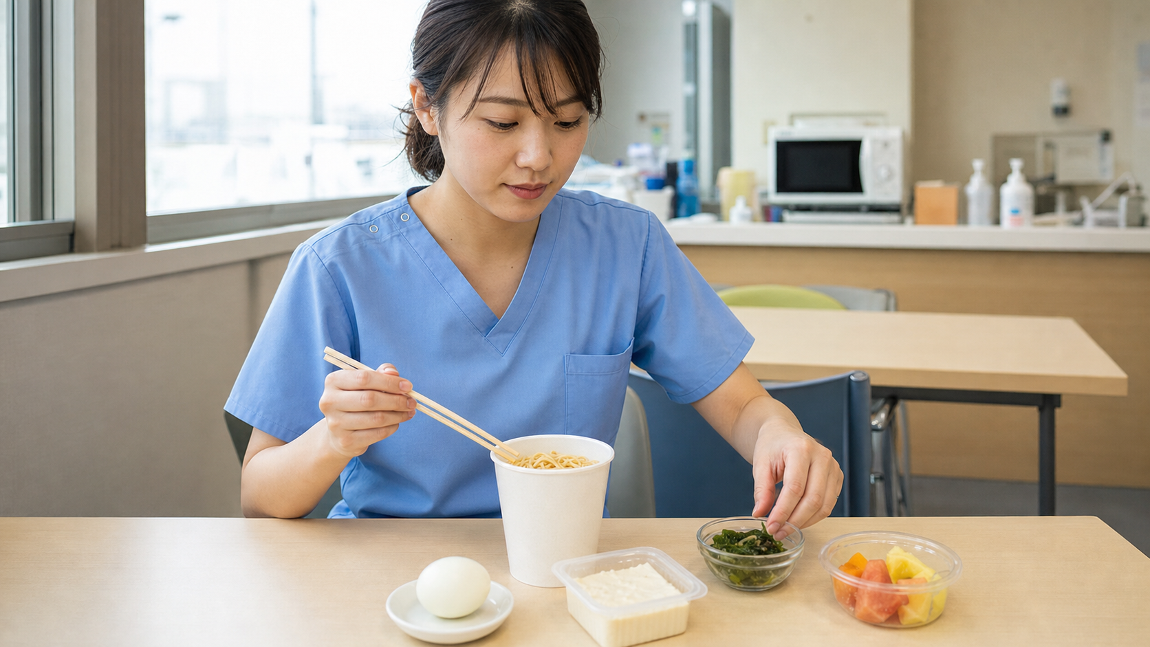 カップ麺に卵、豆腐、海藻、果物を組み合わせて食べる看護師