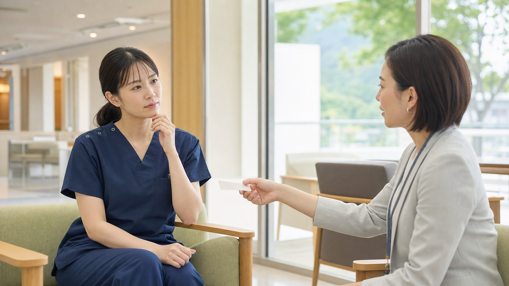 医療施設のラウンジで名刺を差し出され、転職のスカウトを受ける看護師