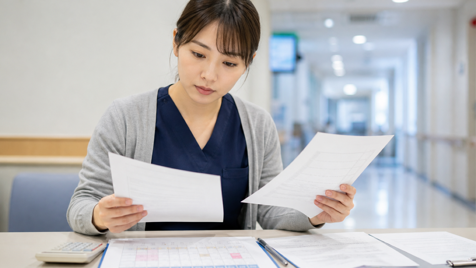 有期雇用契約書と勤務予定を照らし合わせる看護師
