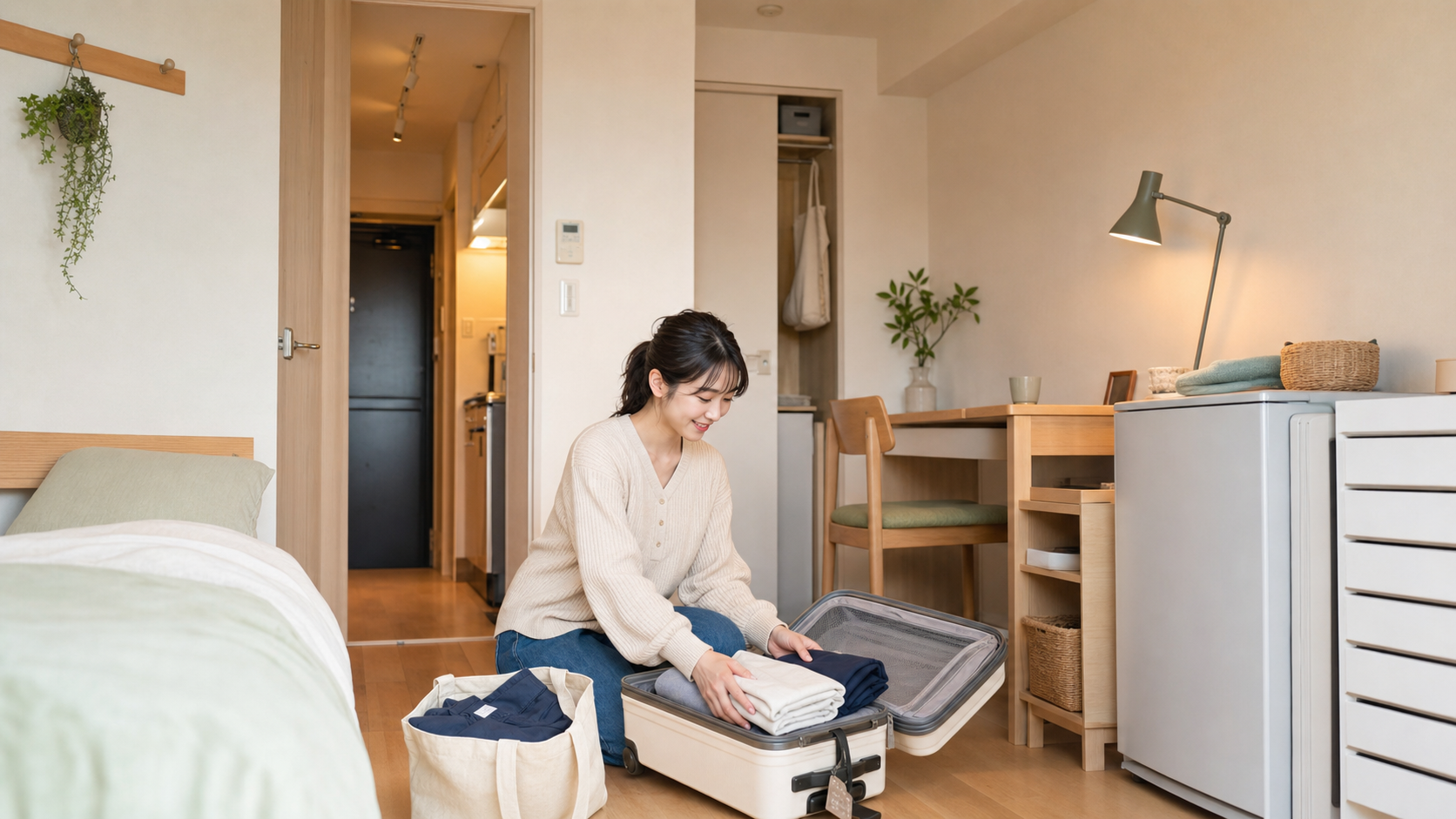 家具家電が用意されたコンパクトな住居で荷ほどきをする看護師