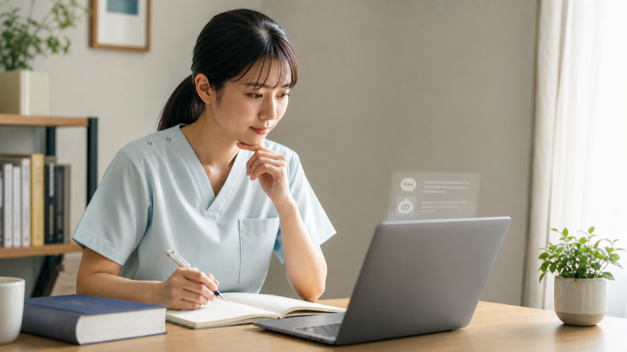 生成AIを使いながらノートで勉強する看護師