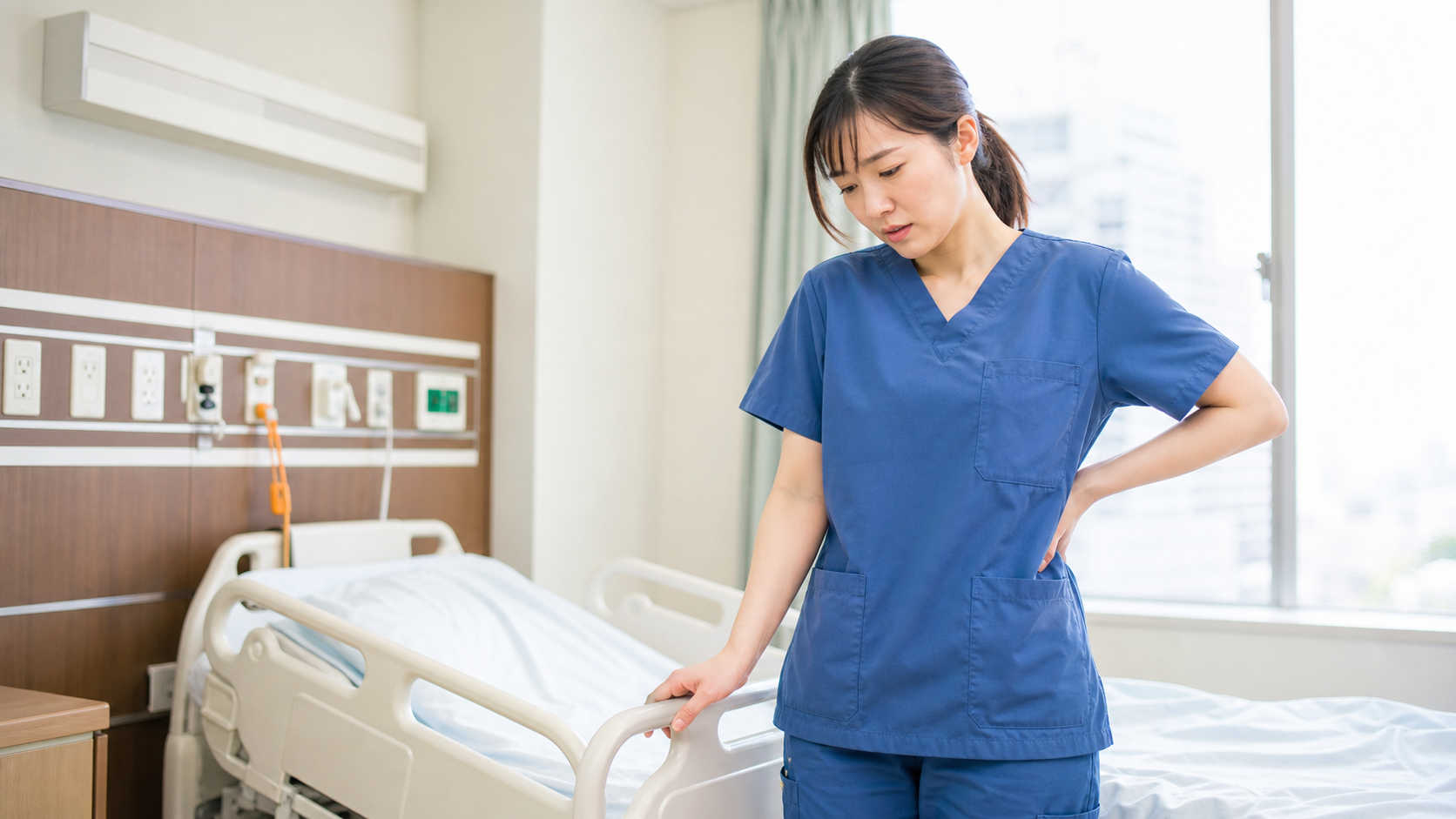 病室のベッドサイドで腰の不調に気づく看護師