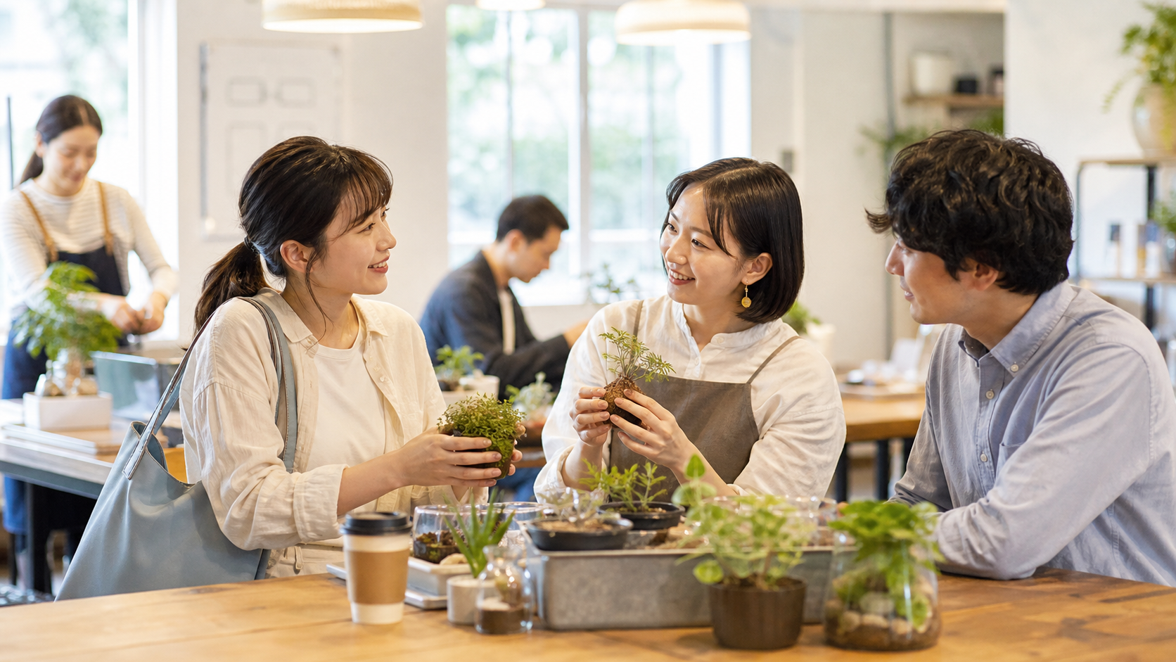 休日の植物ワークショップで参加者と自然に話す看護師