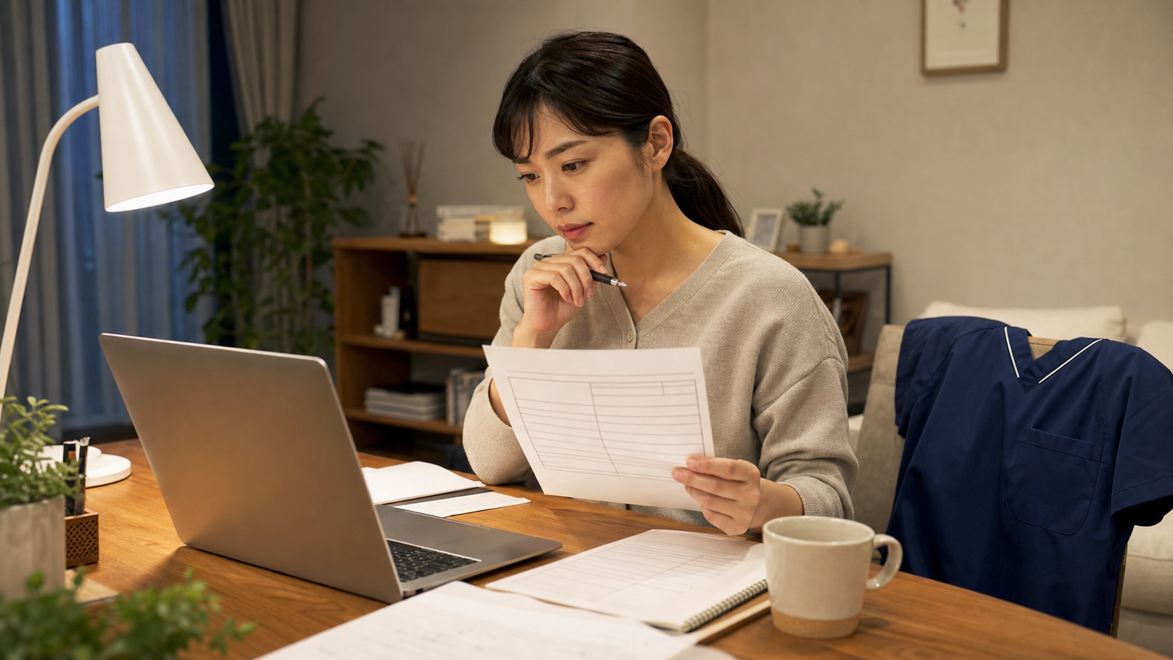 自宅で求人条件と労働条件に関する書類を照らし合わせる看護師
