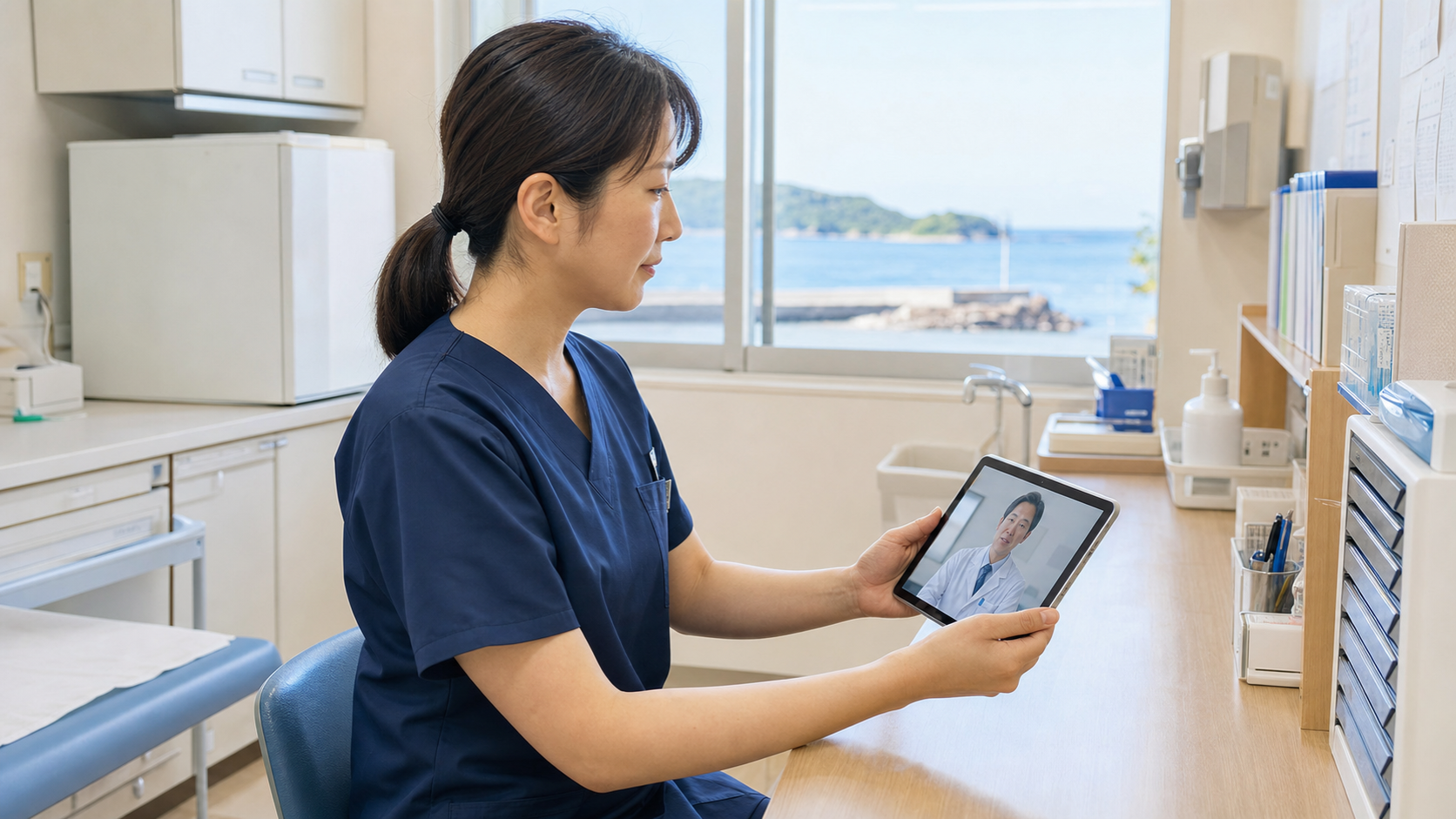 離島の診療所でタブレットを使い、遠方の医師と連携する看護師