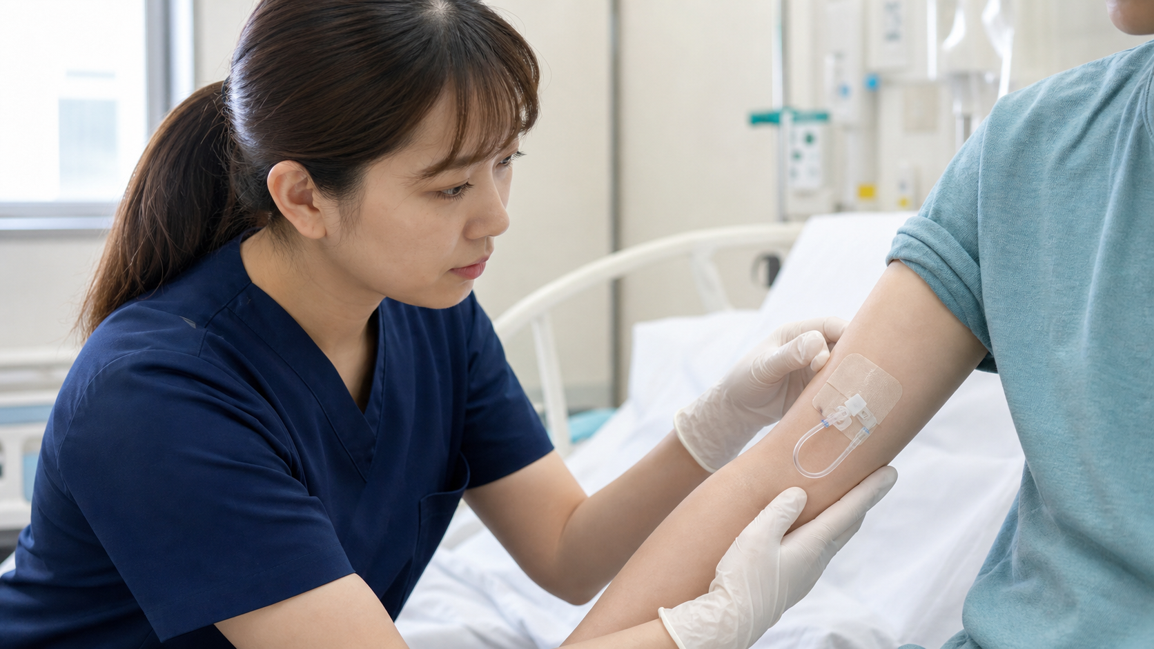 患者の上腕に留置されたカテーテルの刺入部と固定状態を観察する看護師