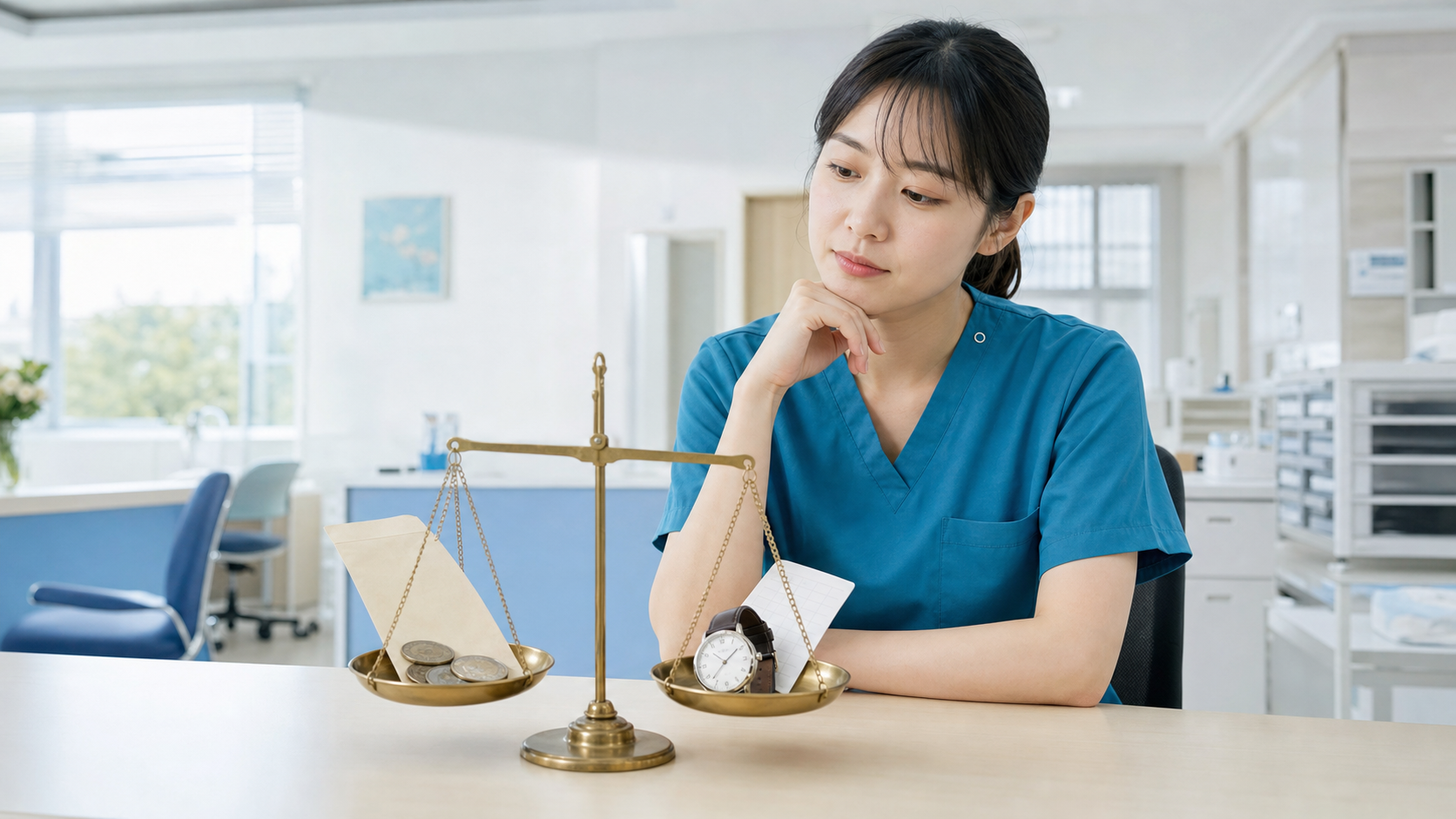 お金と時間を載せた天秤を前に考える看護師