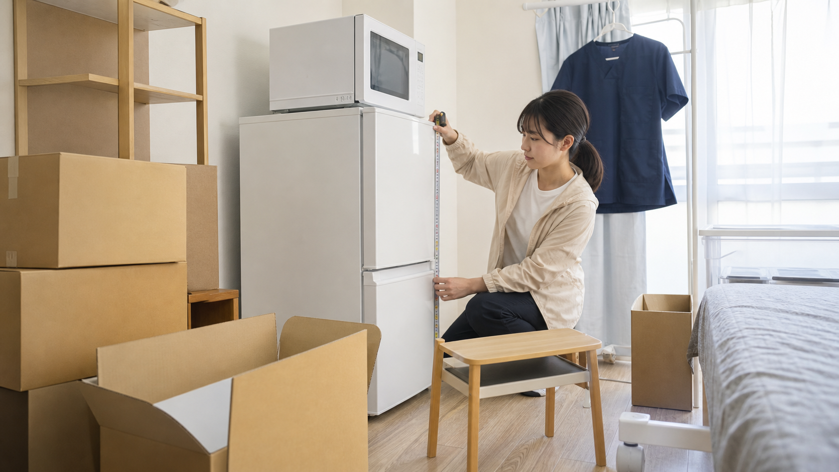 転職前の部屋で冷蔵庫の寸法を測り、既存家具を整理する看護師