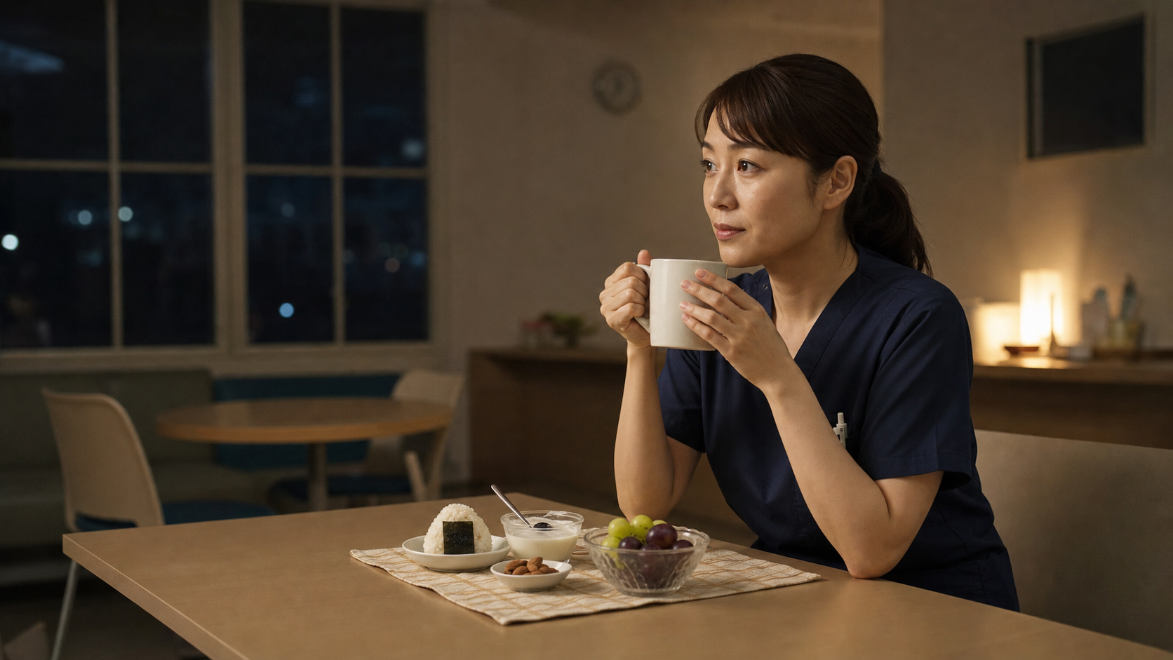 夜勤中の休憩室で軽食と温かい飲み物を取る看護師