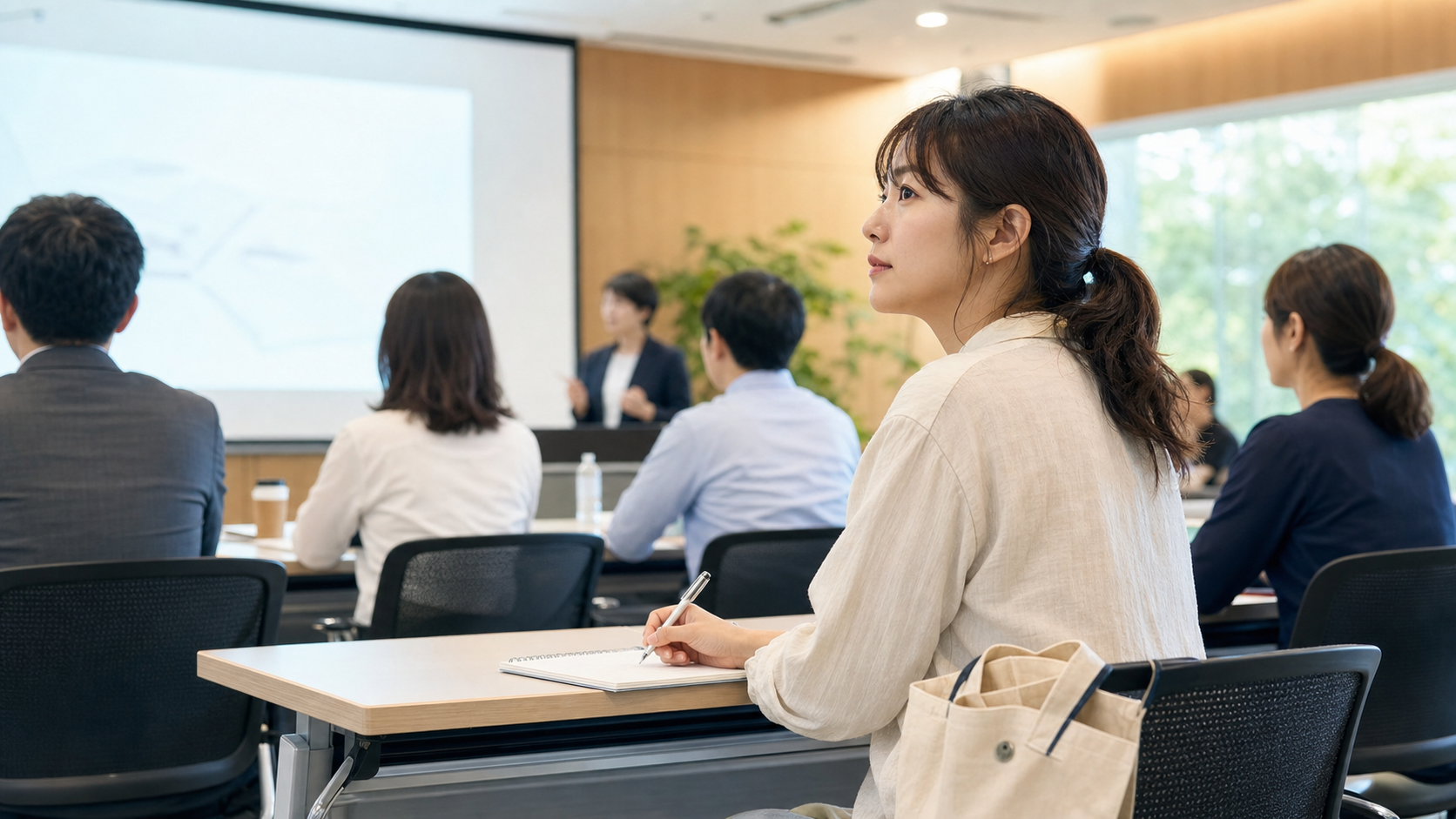 院外のセミナー会場で講演を聞きながらノートを取る看護師