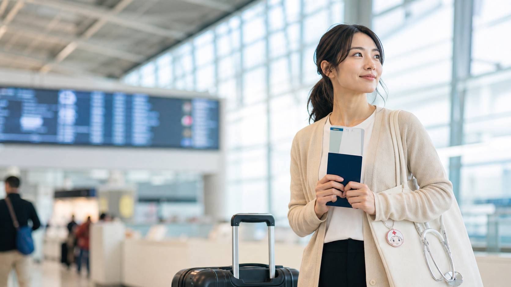 空港でフライトチケットを持ち海外留学へ向かう看護師