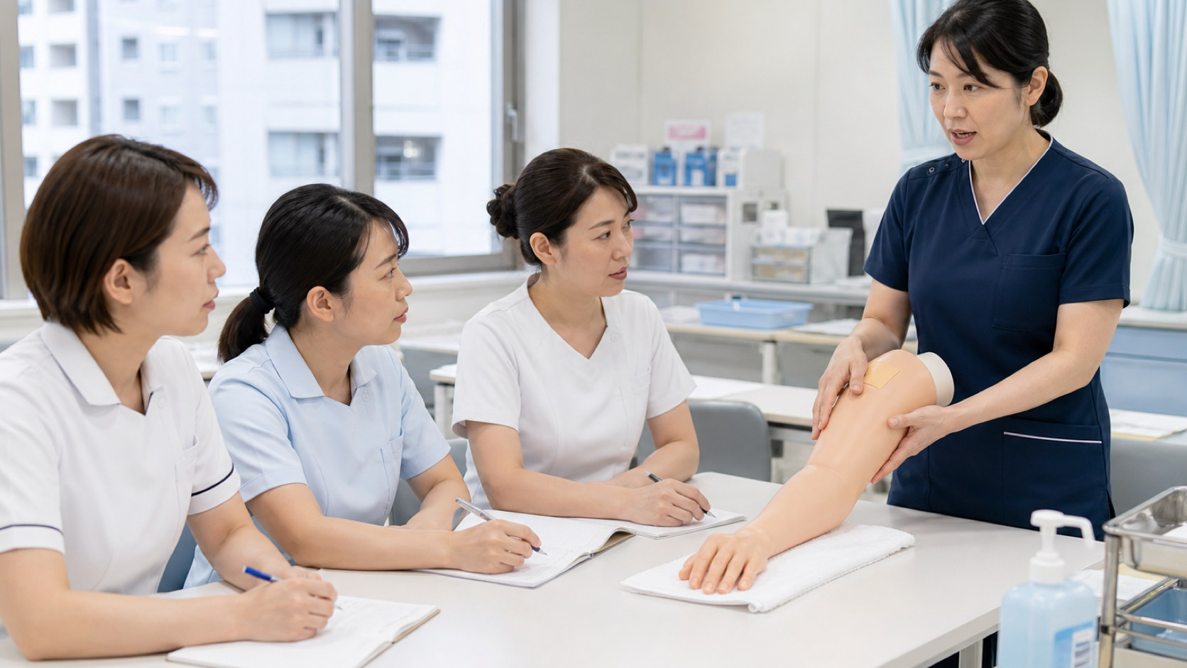 復職支援の研修で看護技術を確認する看護師たち