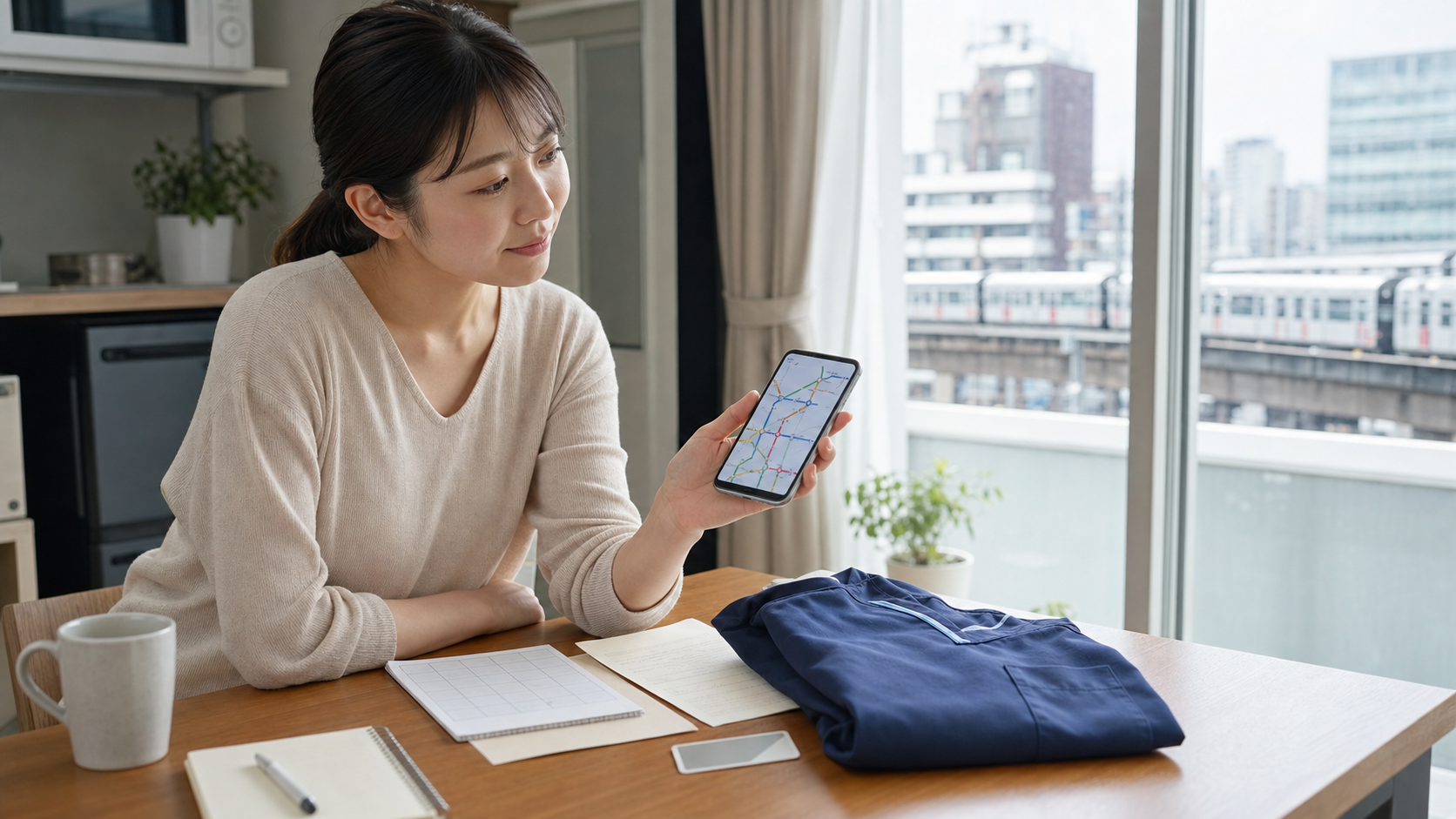 新居から病院までの通勤経路をスマートフォンで確認する看護師