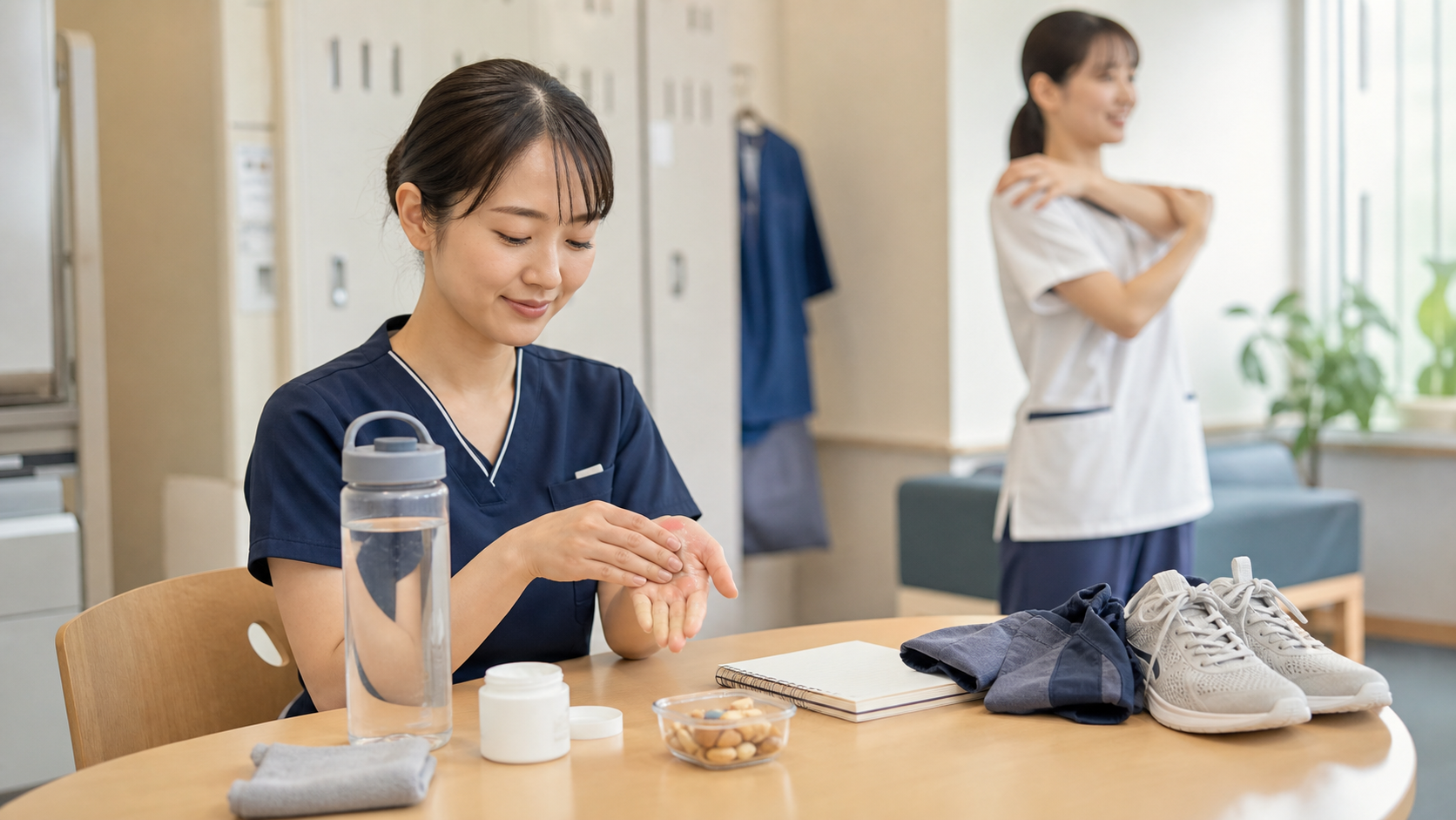 休憩中に保湿と水分補給をしながら体調を整える看護師