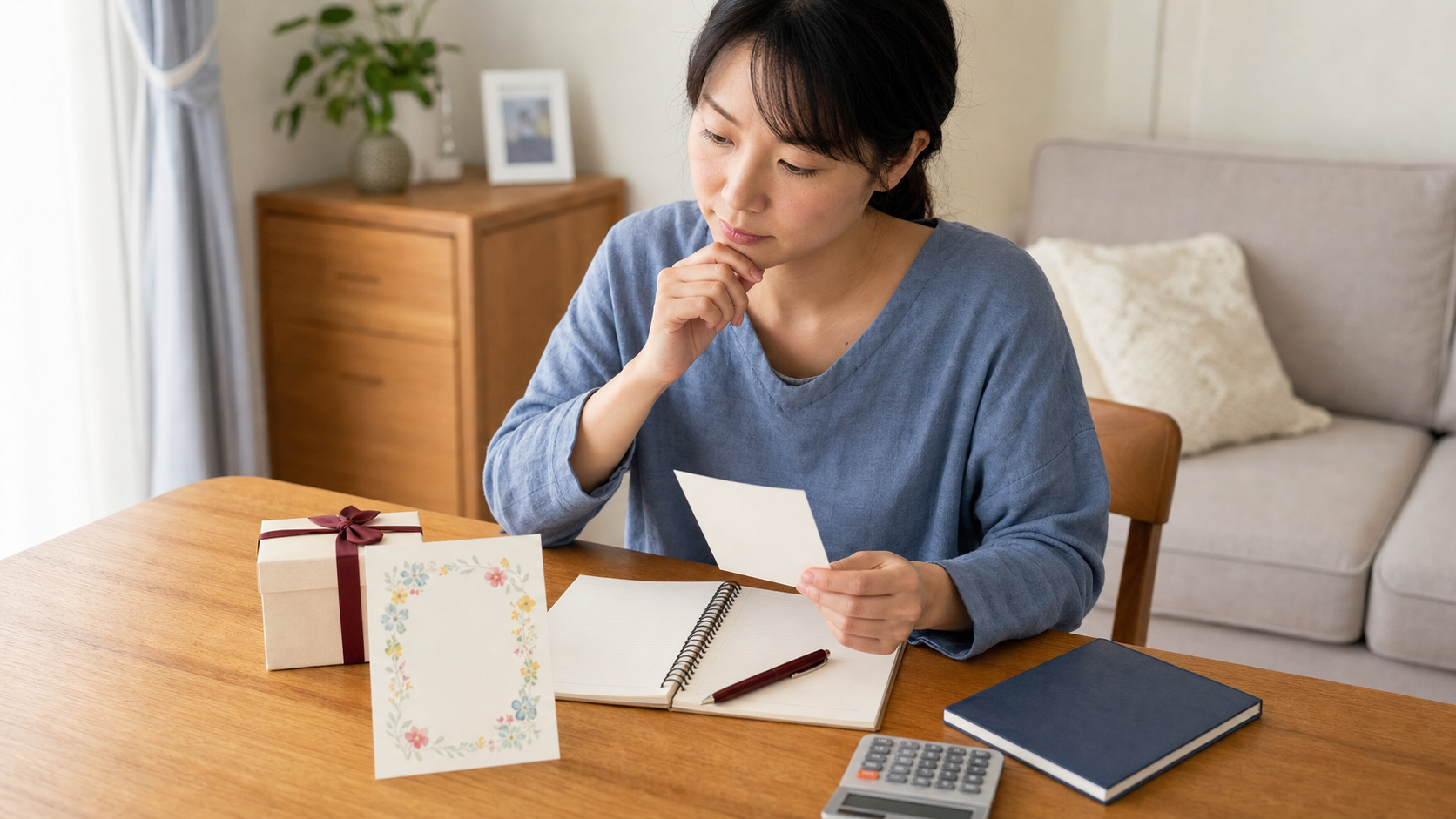 小さな贈り物とカードを前に無理のない予算を考える看護師
