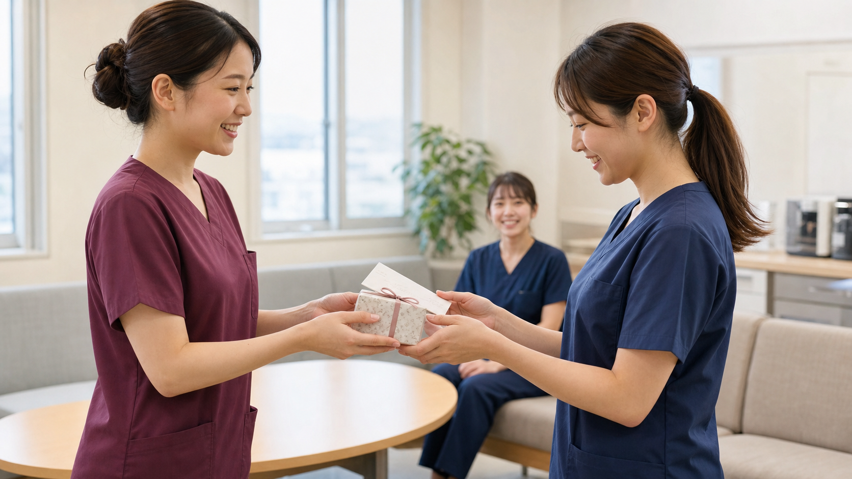 退職する同僚看護師へ小さなプレゼントとメッセージカードを渡す看護師