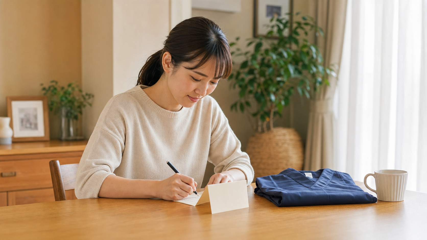退職する同僚との思い出を振り返りながらメッセージカードを書く看護師