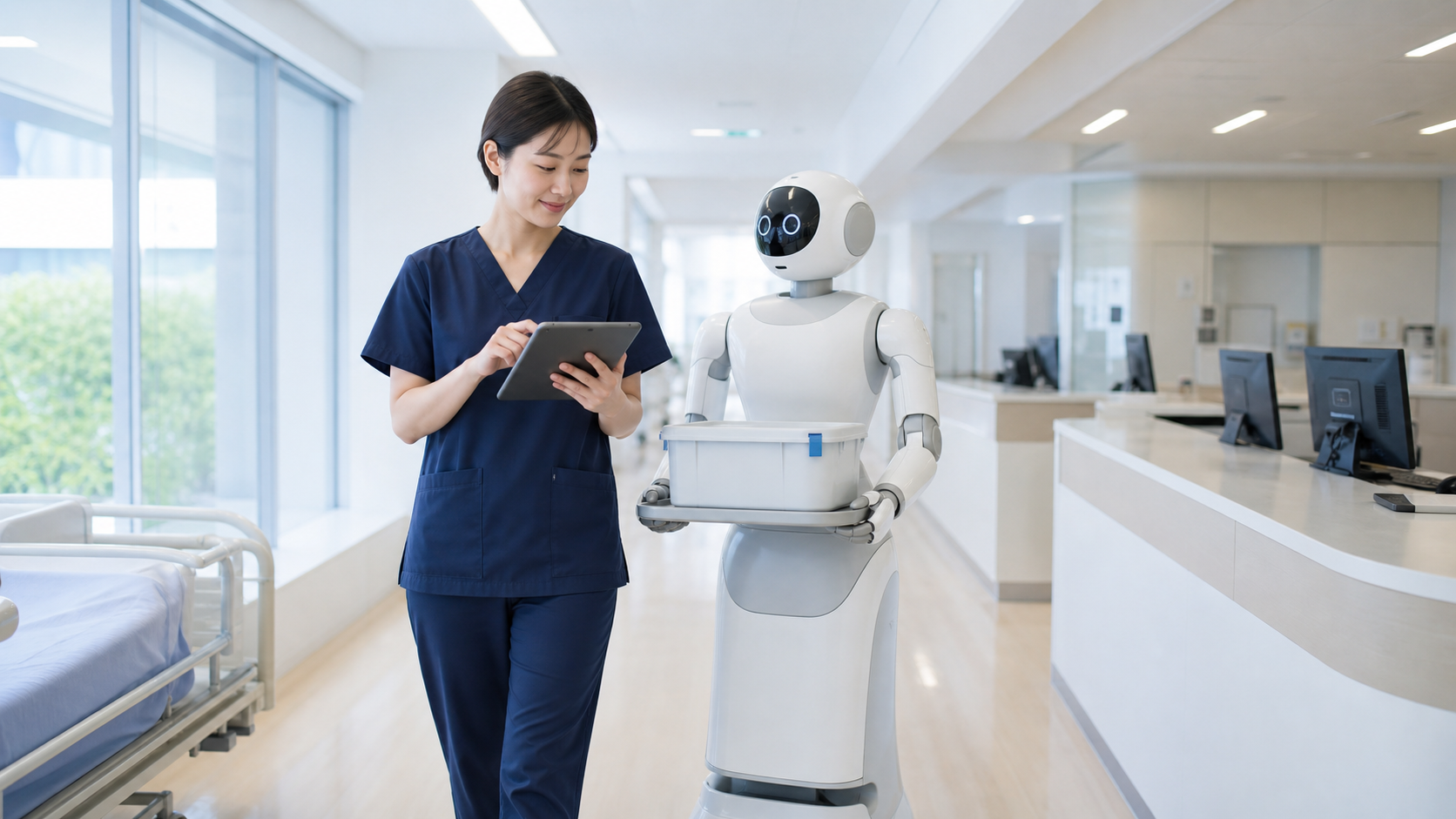 日本の病院で物品を運ぶ人型ロボットと一緒に働く看護師
