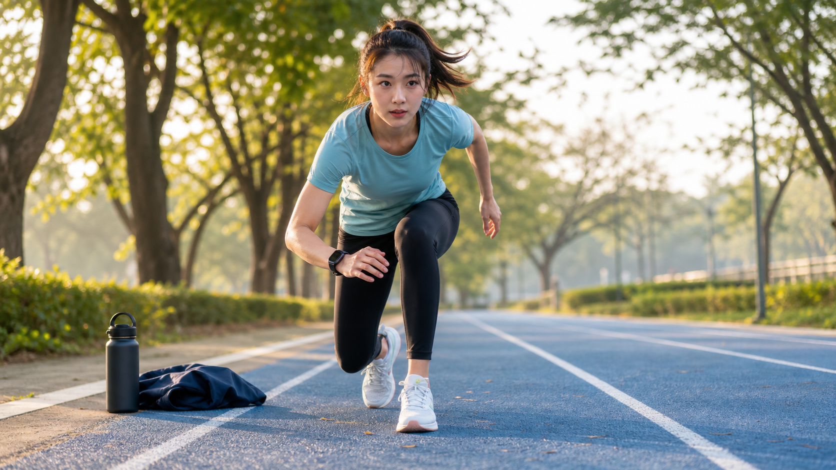 公園のトラックでランニングとHIITに取り組む看護師