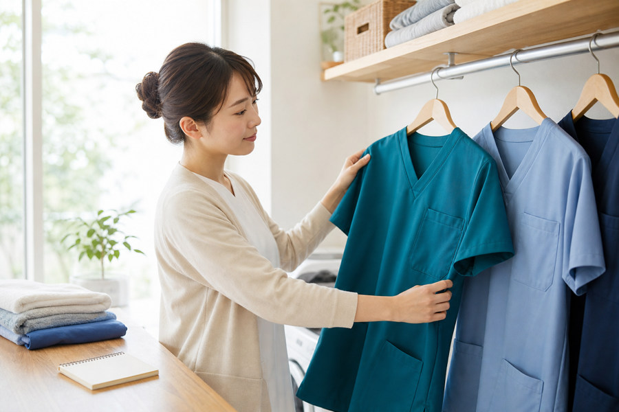 複数のスクラブを見比べて選ぶ看護師