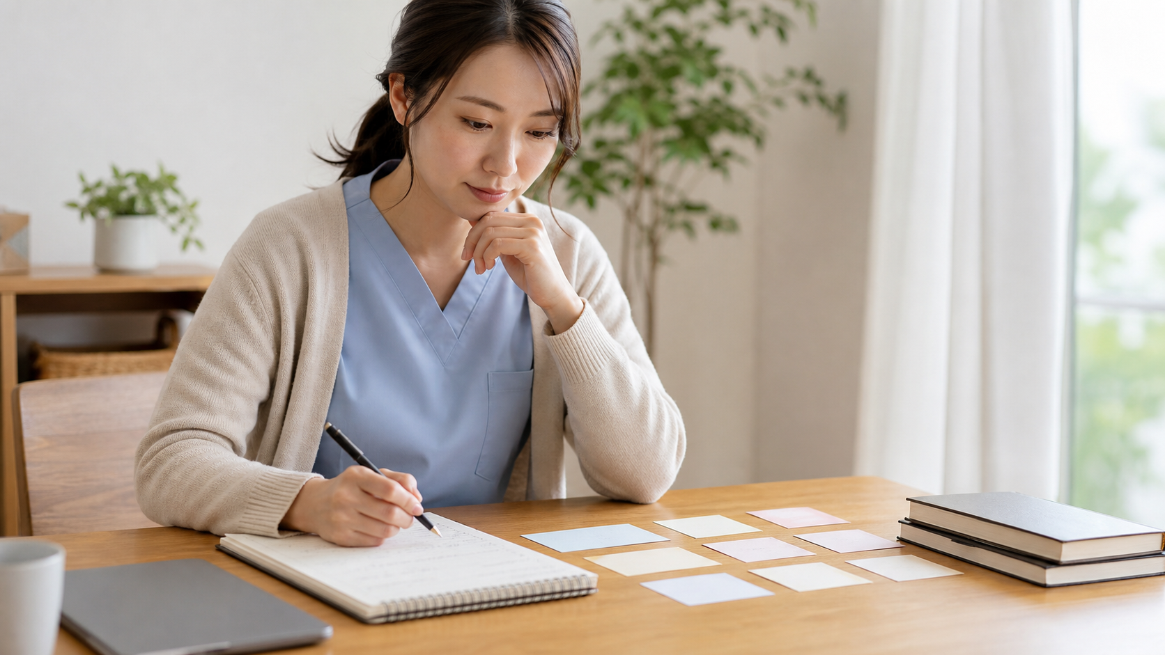 自宅で自分の強みや価値観を書き出す看護師