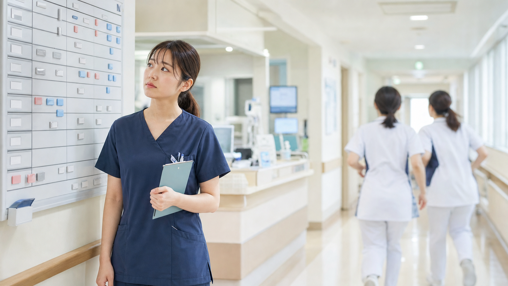 病院の勤務表を見ながら看護師不足について考える看護師