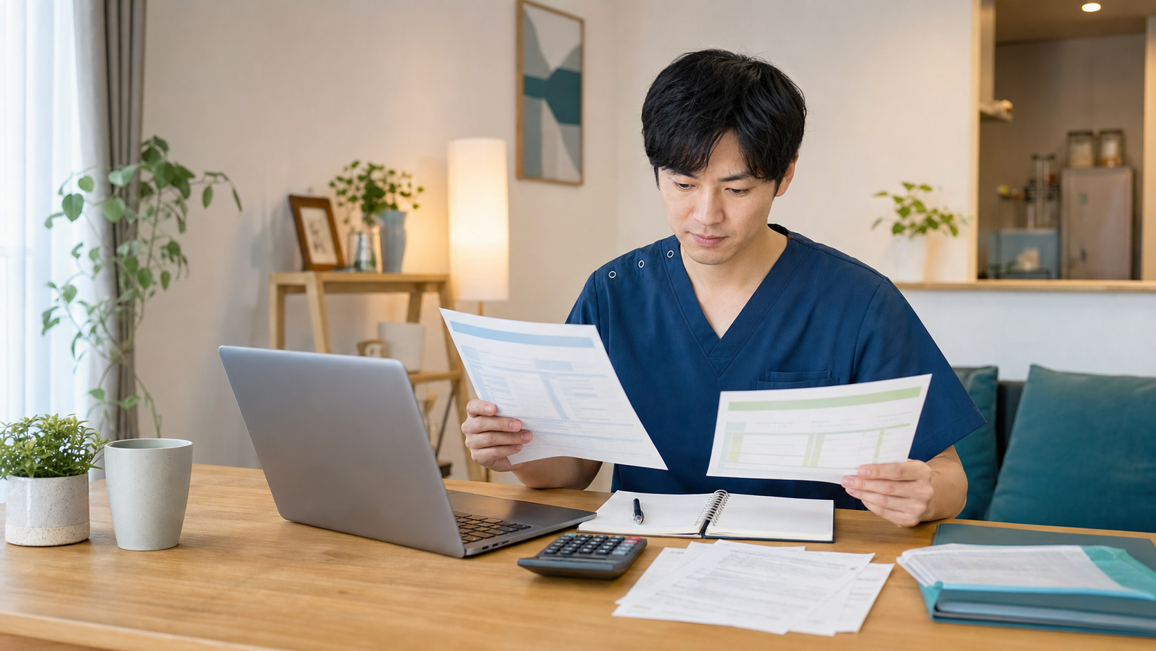 自宅で本業と副業の書類を確認し確定申告の準備をする看護師